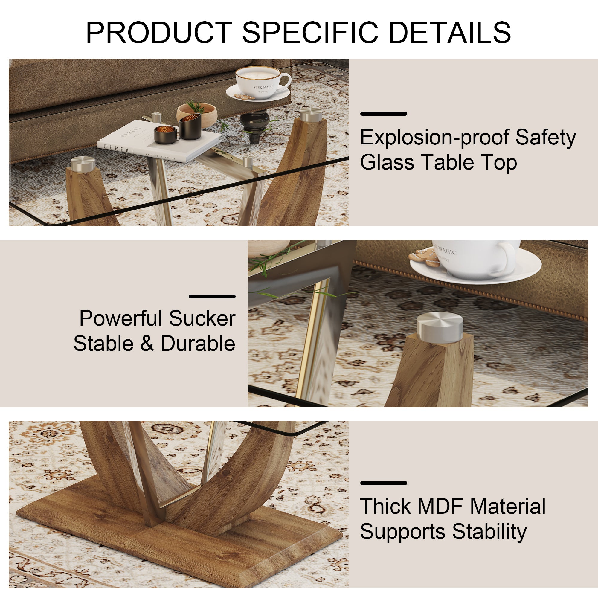 Modern Minimalist Transparent Tempered Glass Coffee Table with Wooden MDF legs and Stainless Steel Decorative Columns