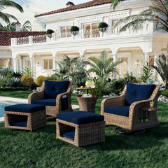 5 Pieces Outdoor Patio Furniture Set Retractable Side Tray, Rattan Wicker Patio Swivel Rocking Chairs Set of 2 with Ottomans - Navy Blue