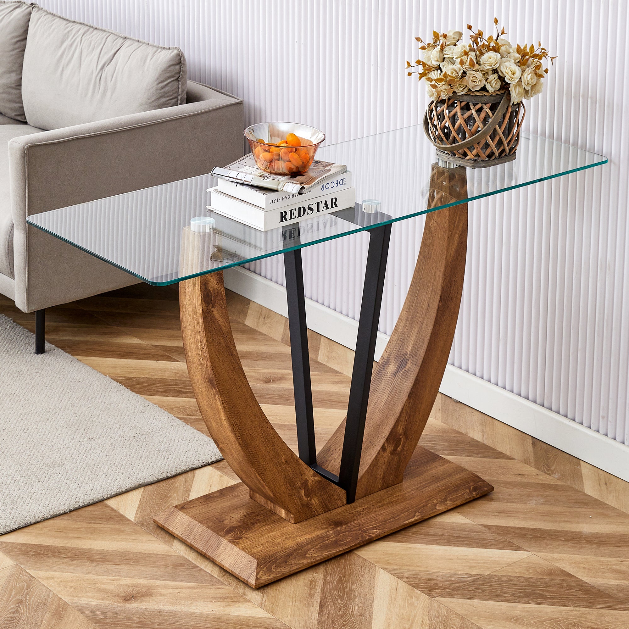 Modern Minimalist Rectangular Glass Table with tempered glass top and MDF wood grain sticker legs