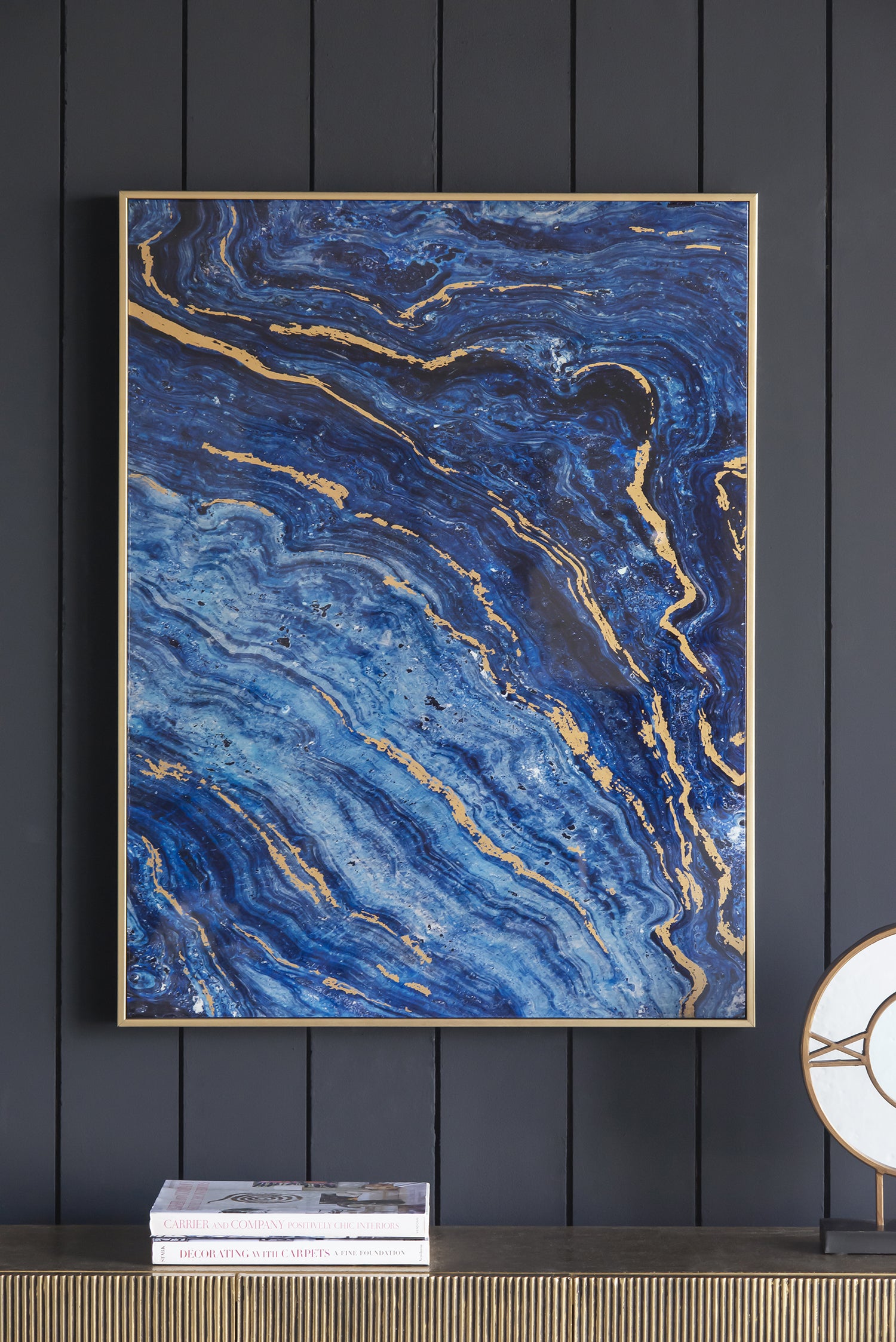 Set of 2 Blue and Gold Framed Art Panels, Unique Marbled Design, 30.5"x40"