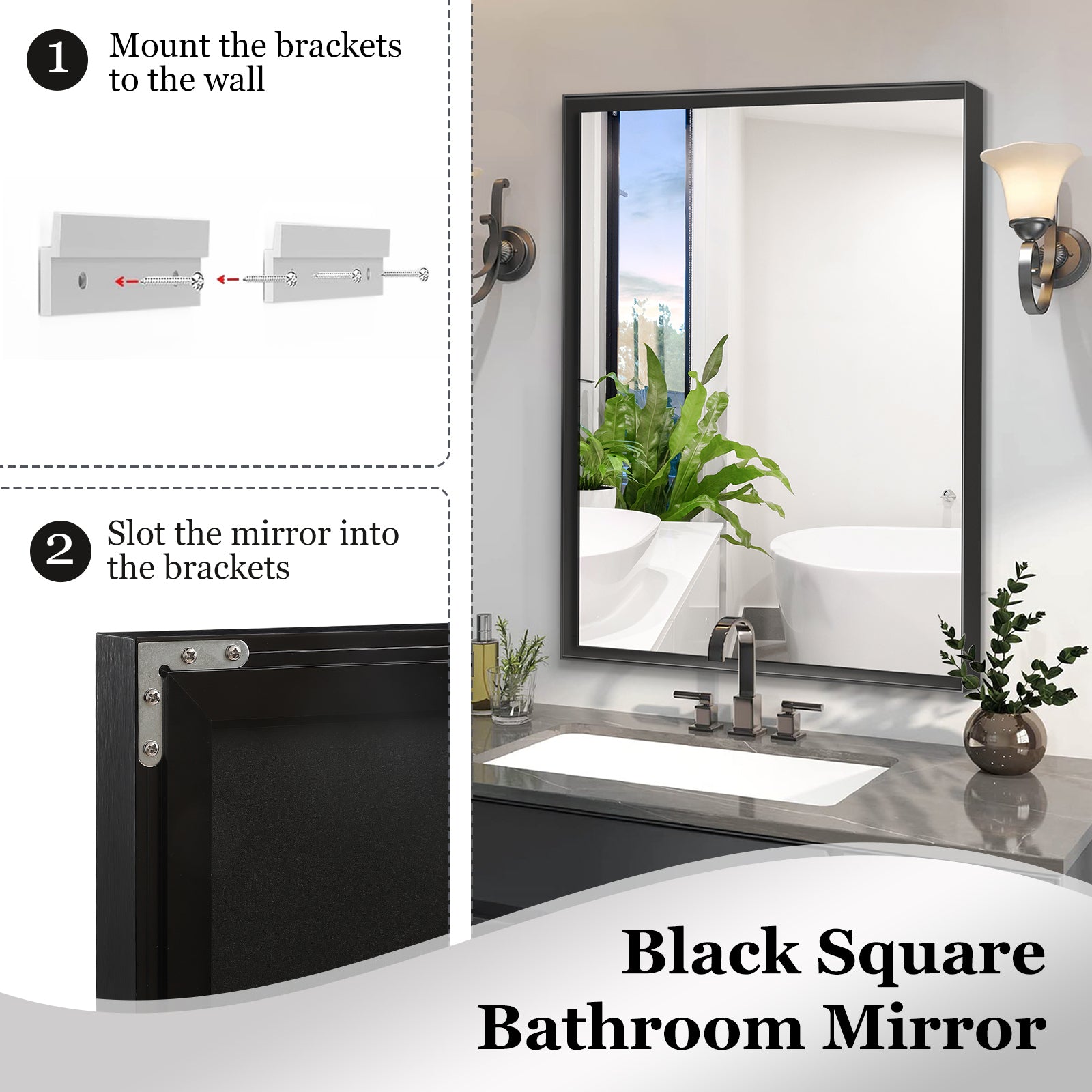 Glossy Black Bathroom Wall Mirrors 48x30inch (Horizontal & Vertical)