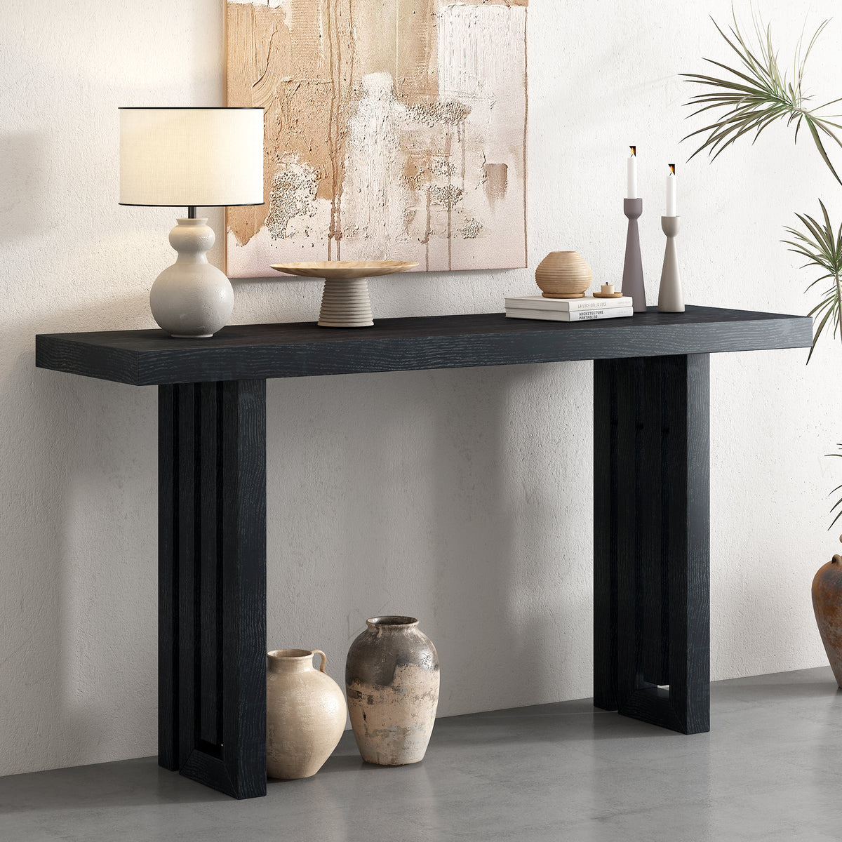 Uniquely Designed Oak Veneer Console Table with Distinctive Side Shapes - Black