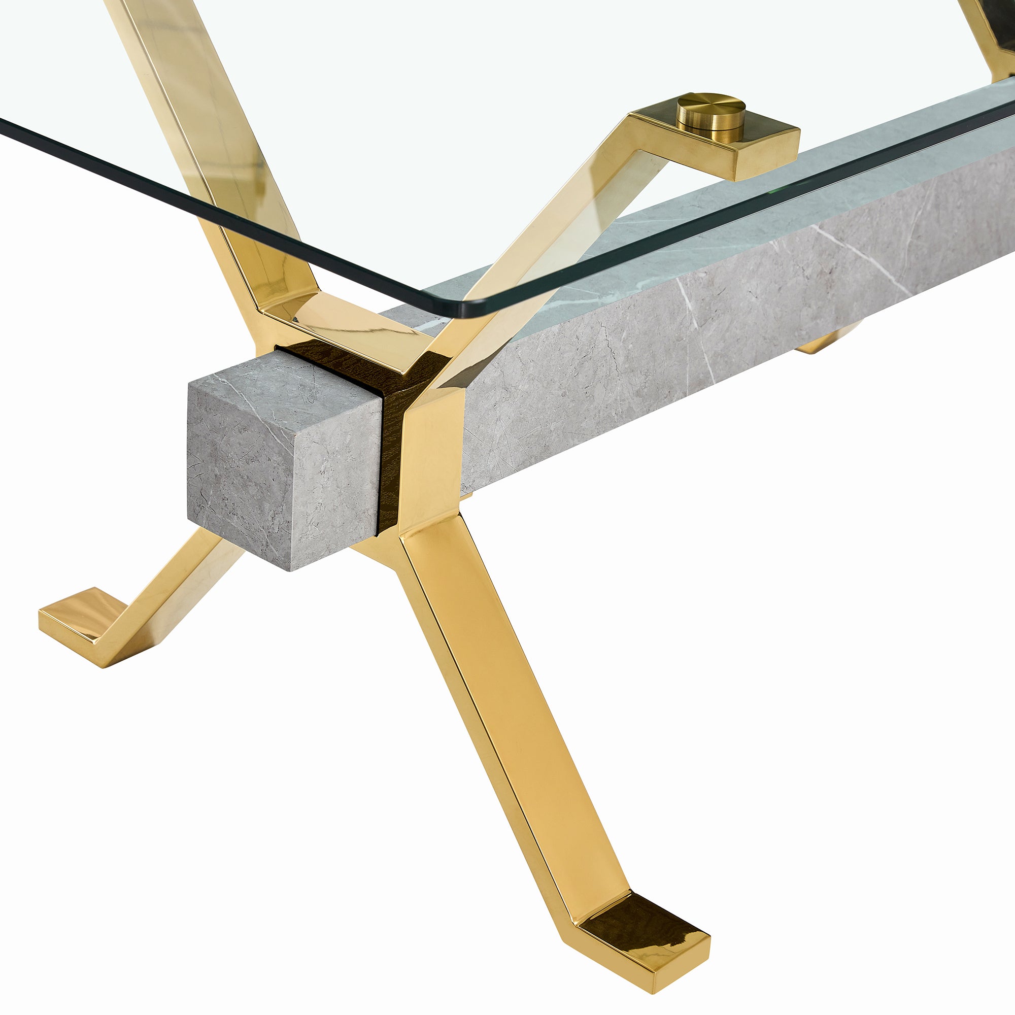 Modern Tempered Glass Dining Table - Transparent with Gold Plated Metal Legs (no chairs included))