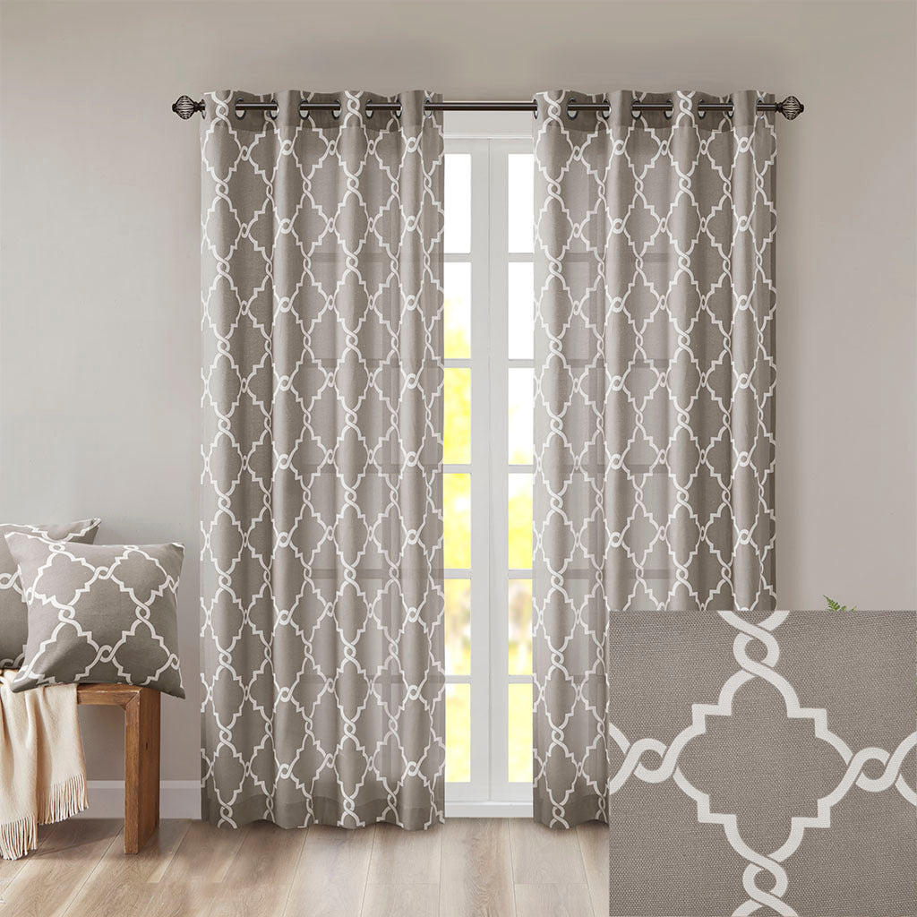 Fretwork Print Grommet Top Window Curtain Panel - Grey+White