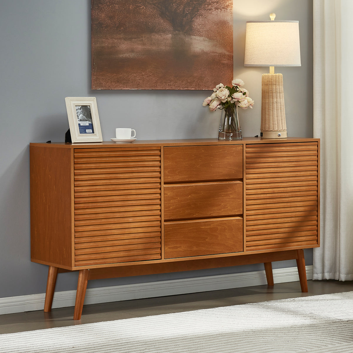 Modern Wood TV Stand, Entertainment Center for TVs up to 65", Sideboard Buffet Cabinet Credenza, Slatted Media Console