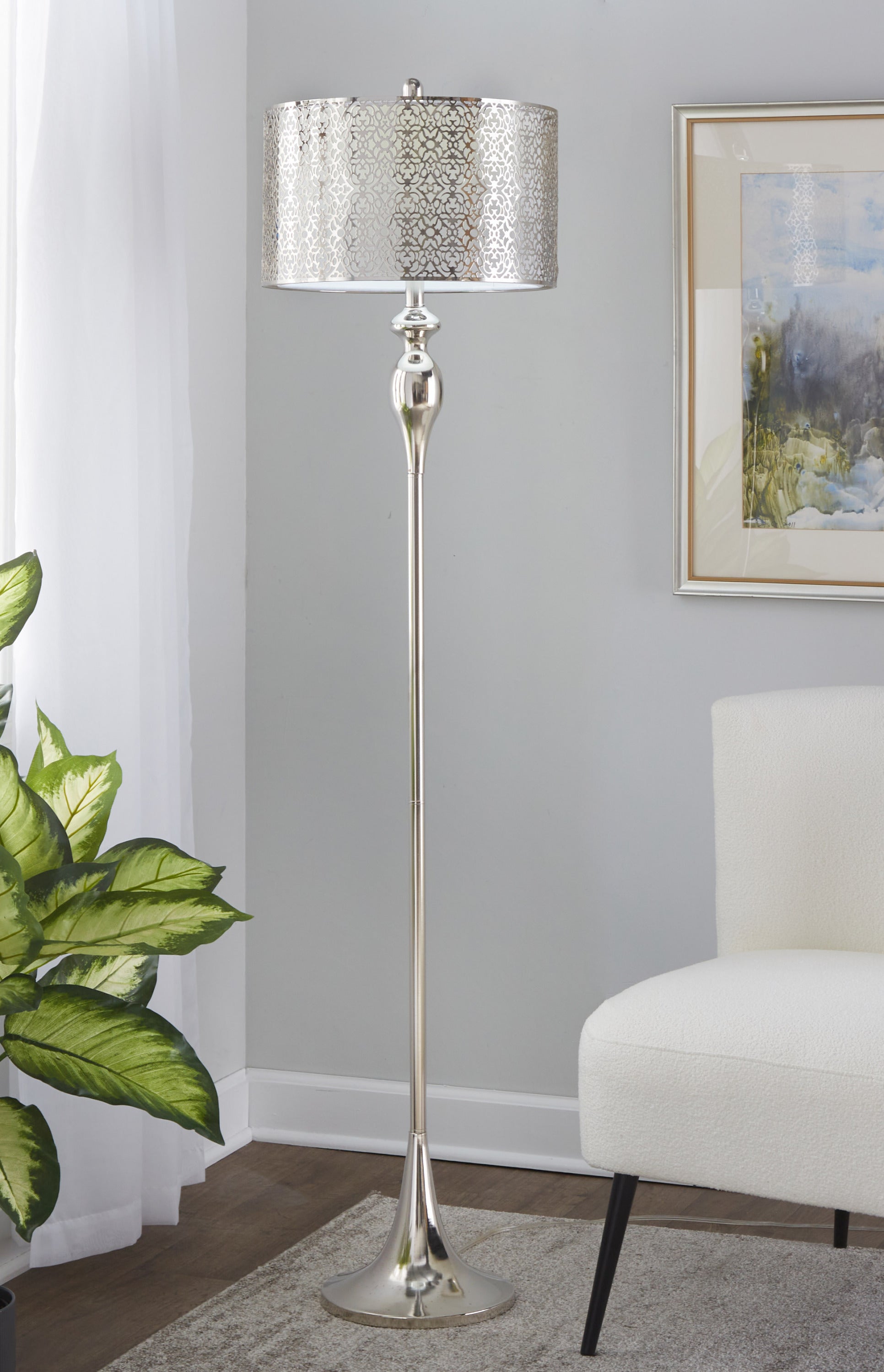 63" Contemporary Metal Floor Lamp in Polished Nickel with Laser Cut Metal and White Linen Shade