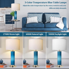 Set of 2 Table Lamps Blue Glass Lamp for Bedside with USB C+A Charging Ports, Modern Art Deco Nightstand Lamp