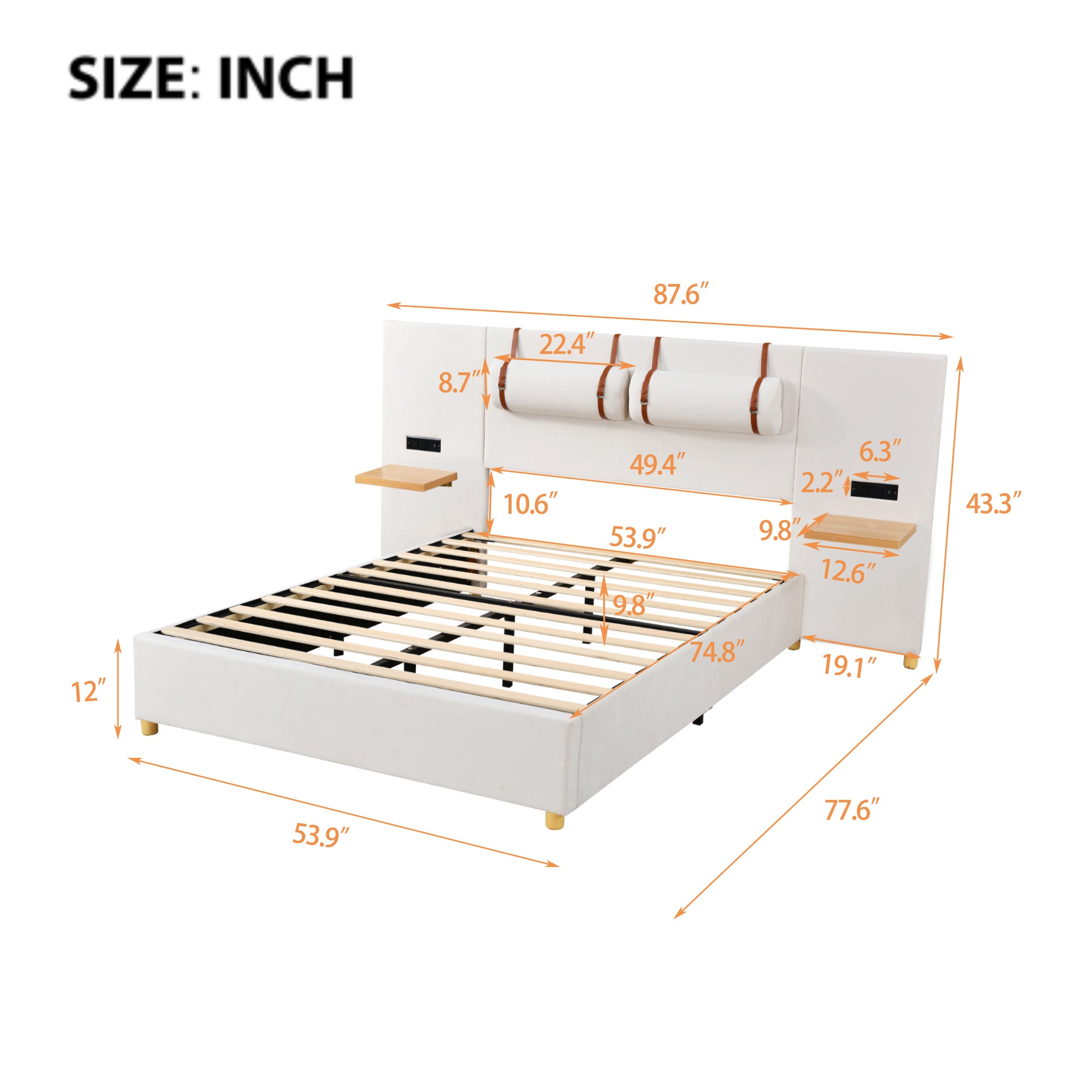 Full Size Upholstered Platform Bed, Two Outlets and USB Charging Ports on Both Sides, Two Bedside Pillows, Storage Shelves,Velvet - Beige