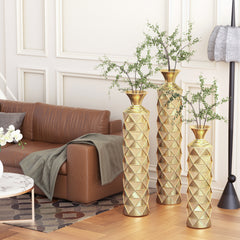 Set of 3 vases 33.5"H, 29.5"H, 25.2"H, High Distress Metal Vase with 3D Triangle Pattern - Gold