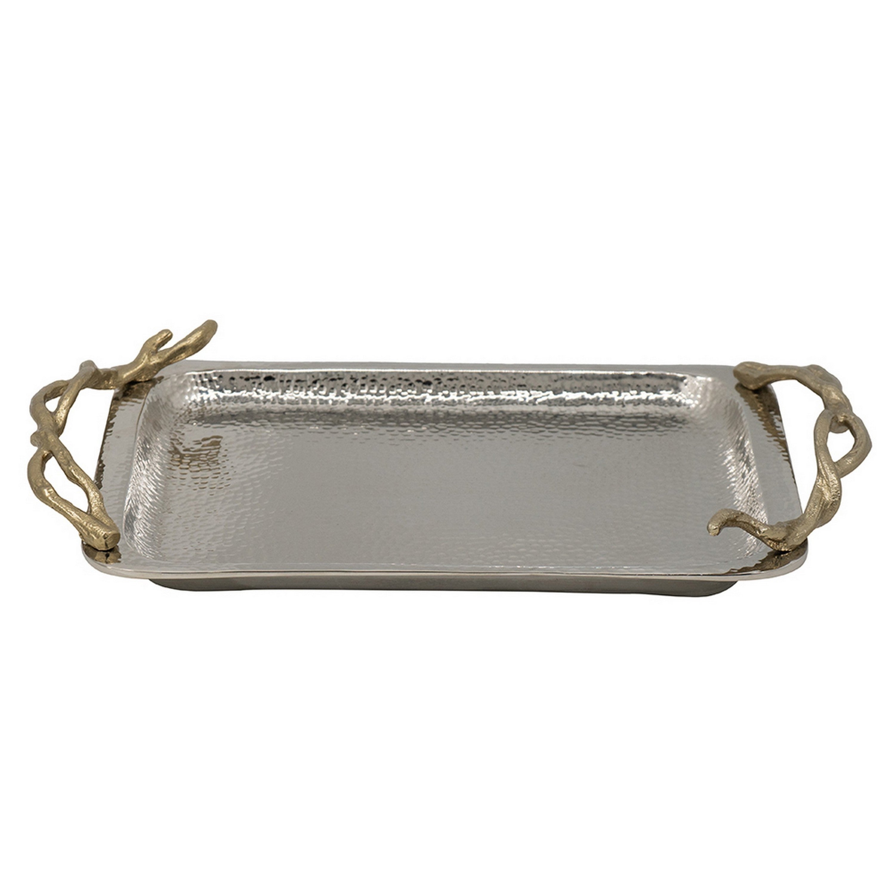 16 Inch Rectangular Decorative Tray, Branch Design Handles, Silver, Gold