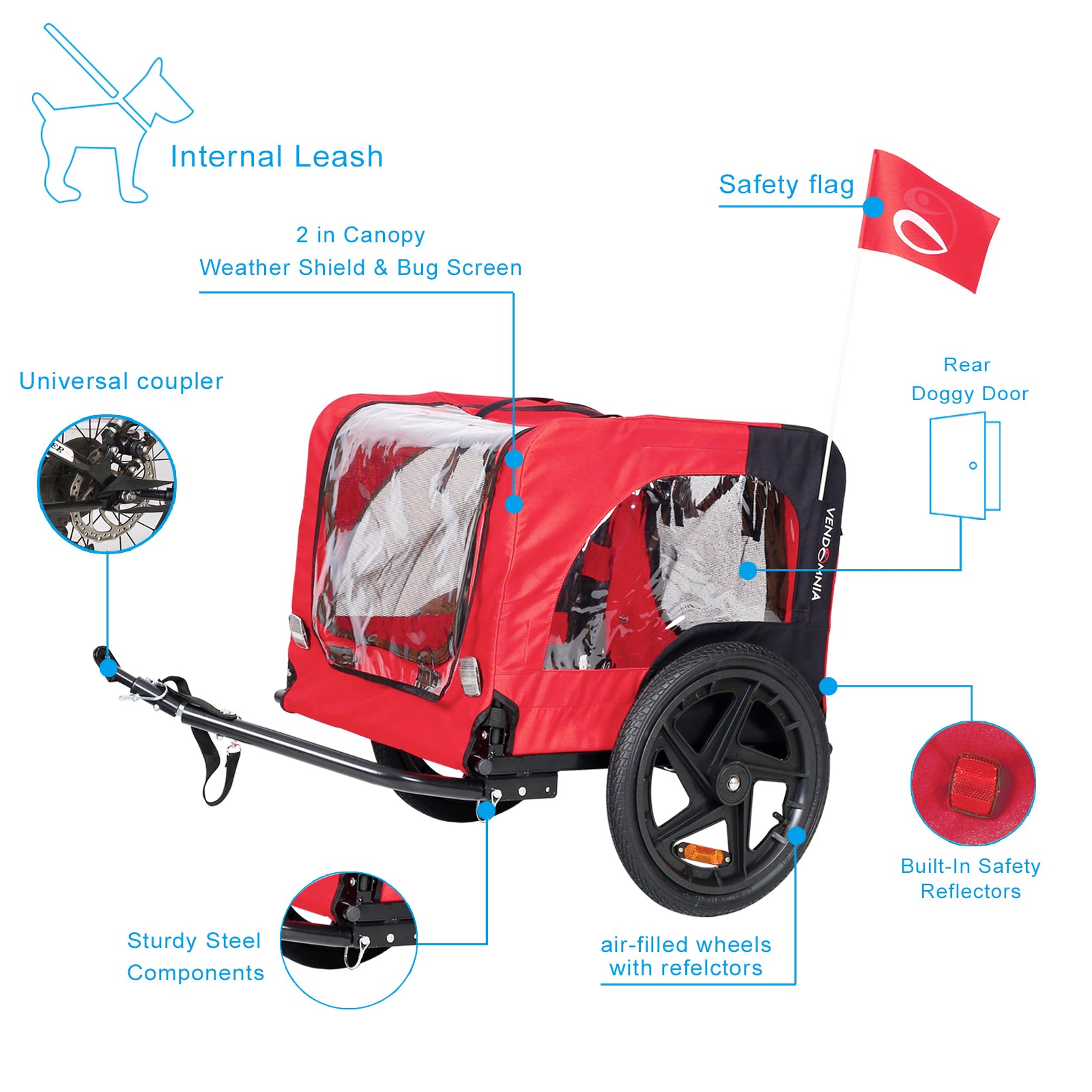 Bicycle Trailer for Pets Outdoor Foldable Red Color with reflectors and safety flag