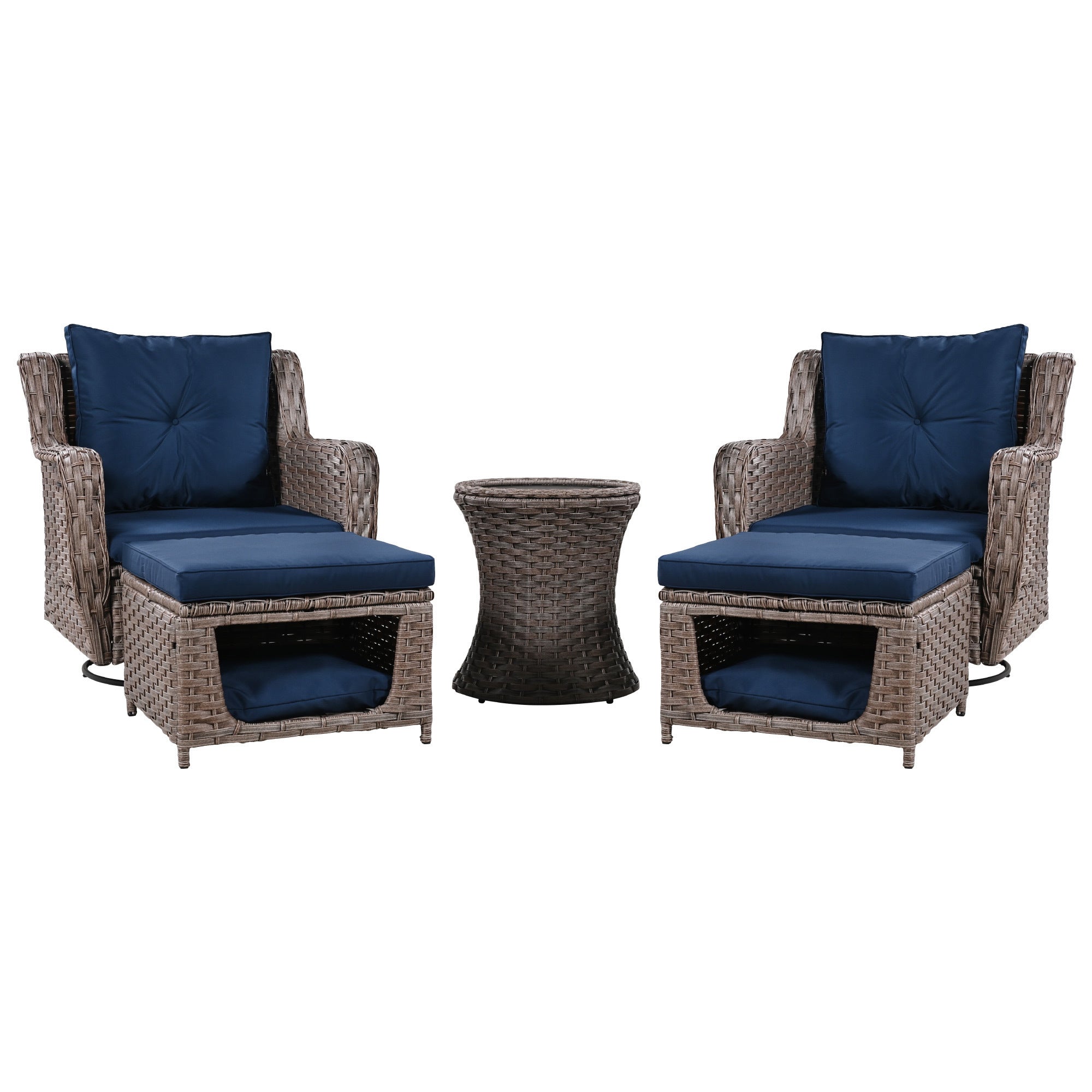 5 Pieces Outdoor Patio Furniture Set Retractable Side Tray, Rattan Wicker Patio Swivel Rocking Chairs Set of 2 with Ottomans - Navy Blue