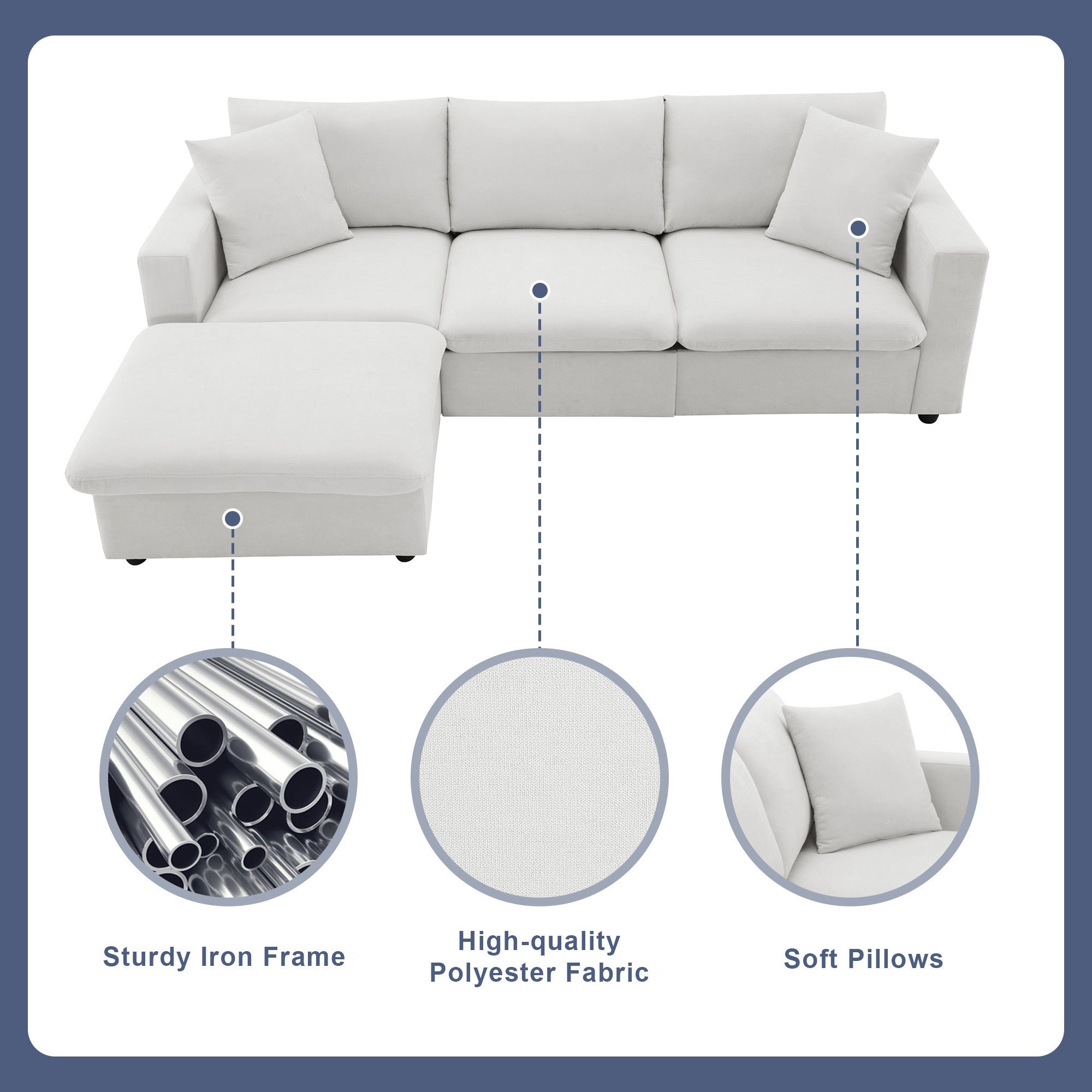 100.4x64.6" Modern Sectional Sofa, L-Shaped Couch Set With 2 Free Pillows, 4-Seat Polyester Fabric Couch Set With Convertible Ottoman - White