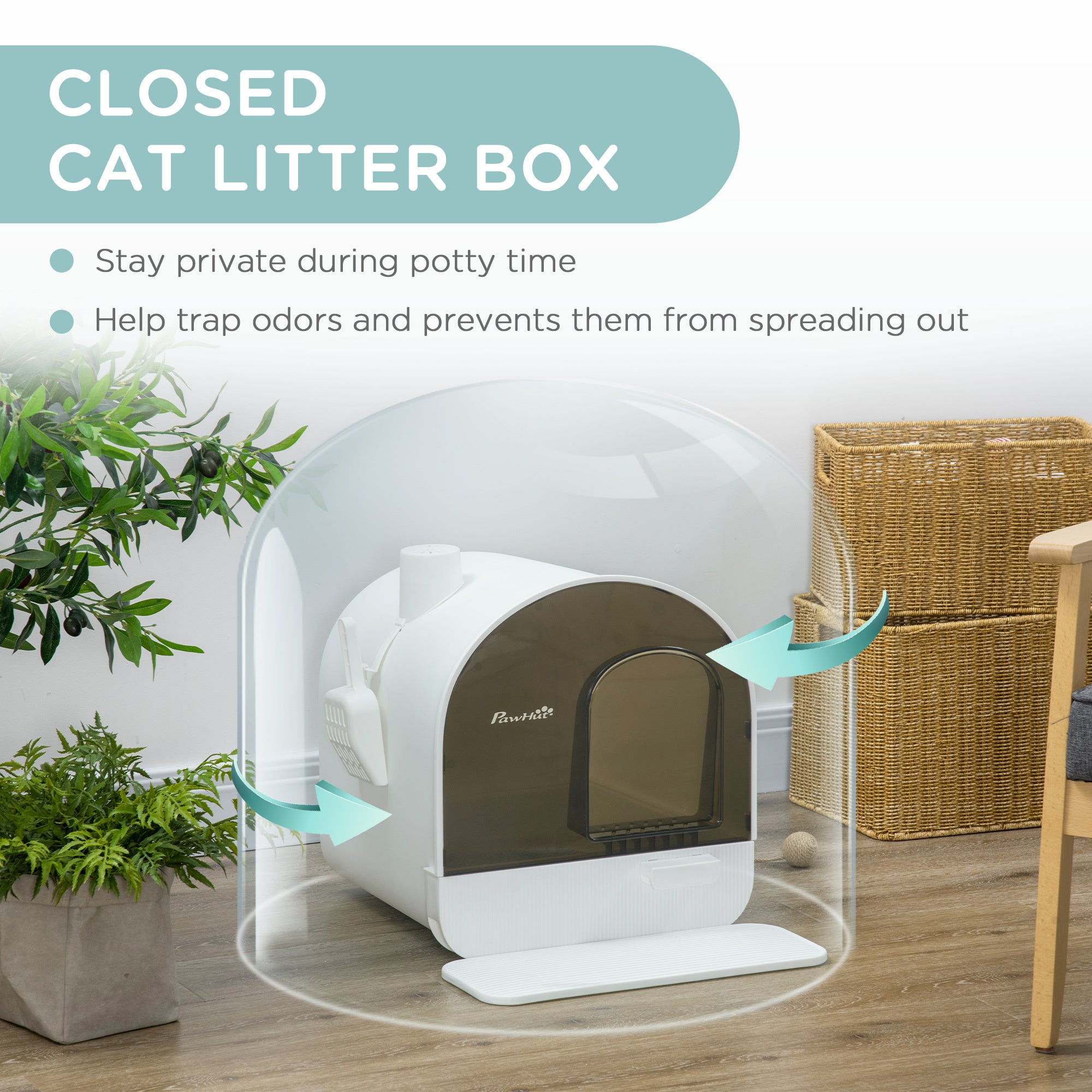 PawHut Cat Litter Box with Lid for Indoor Cats with Tray, Scoop, Filter - White