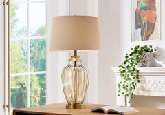 28.5" Tall Glass Table Lamp "Golden Gaze" with Antique Bronze finish, Linen Shade