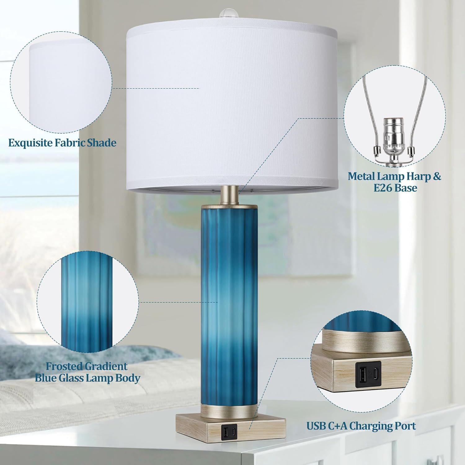 Set of 2 Table Lamps Blue Glass Lamp for Bedside with USB C+A Charging Ports, Modern Art Deco Nightstand Lamp