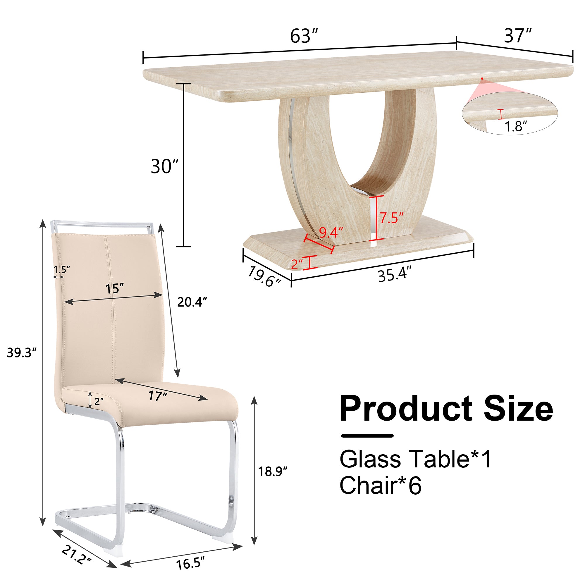 Modern minimalist luxury MDF rectangular dining table, 6 PU synthetic leather high backrest soft cushioned side chairs, modern dining chairs