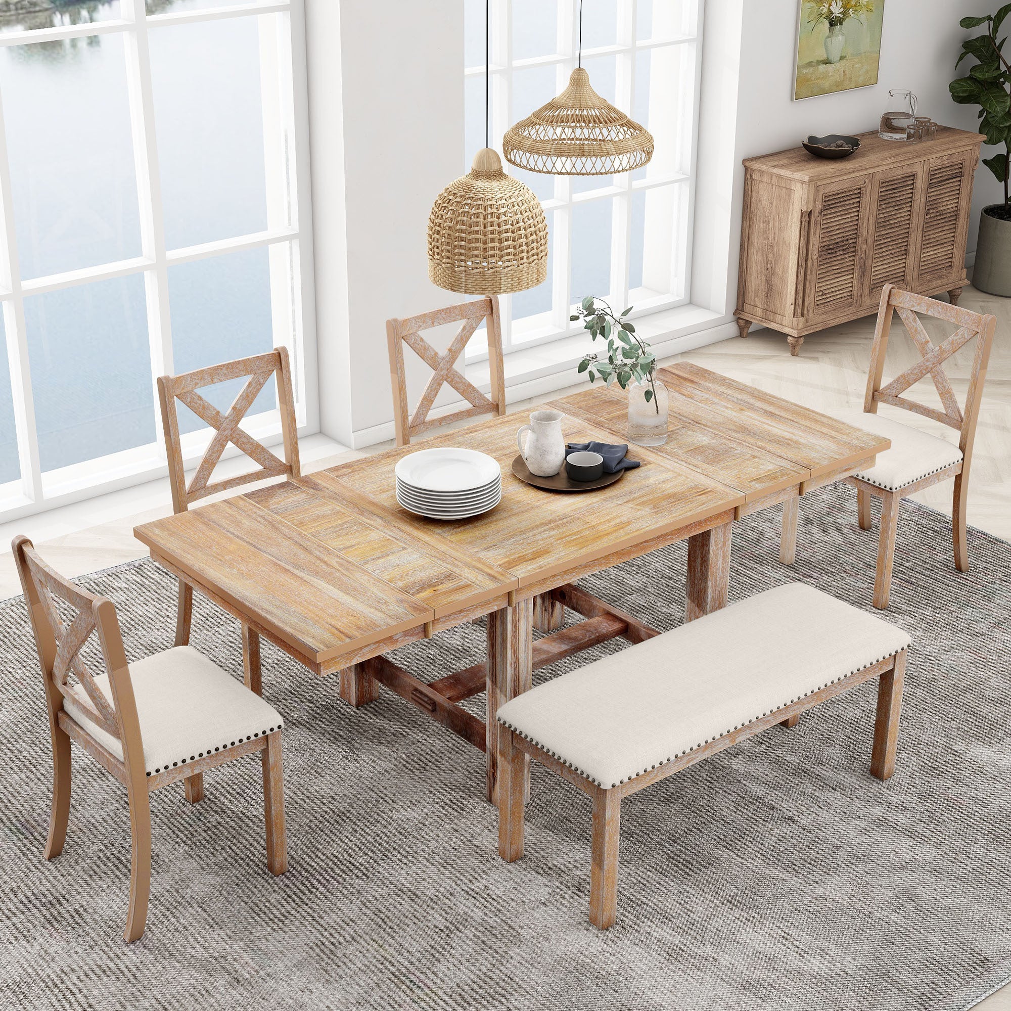 Farmhouse 6-Piece Extendable Dining Table with Footrest, 4 Upholstered Dining Chairs and Dining Bench - Natural+Beige Cushion