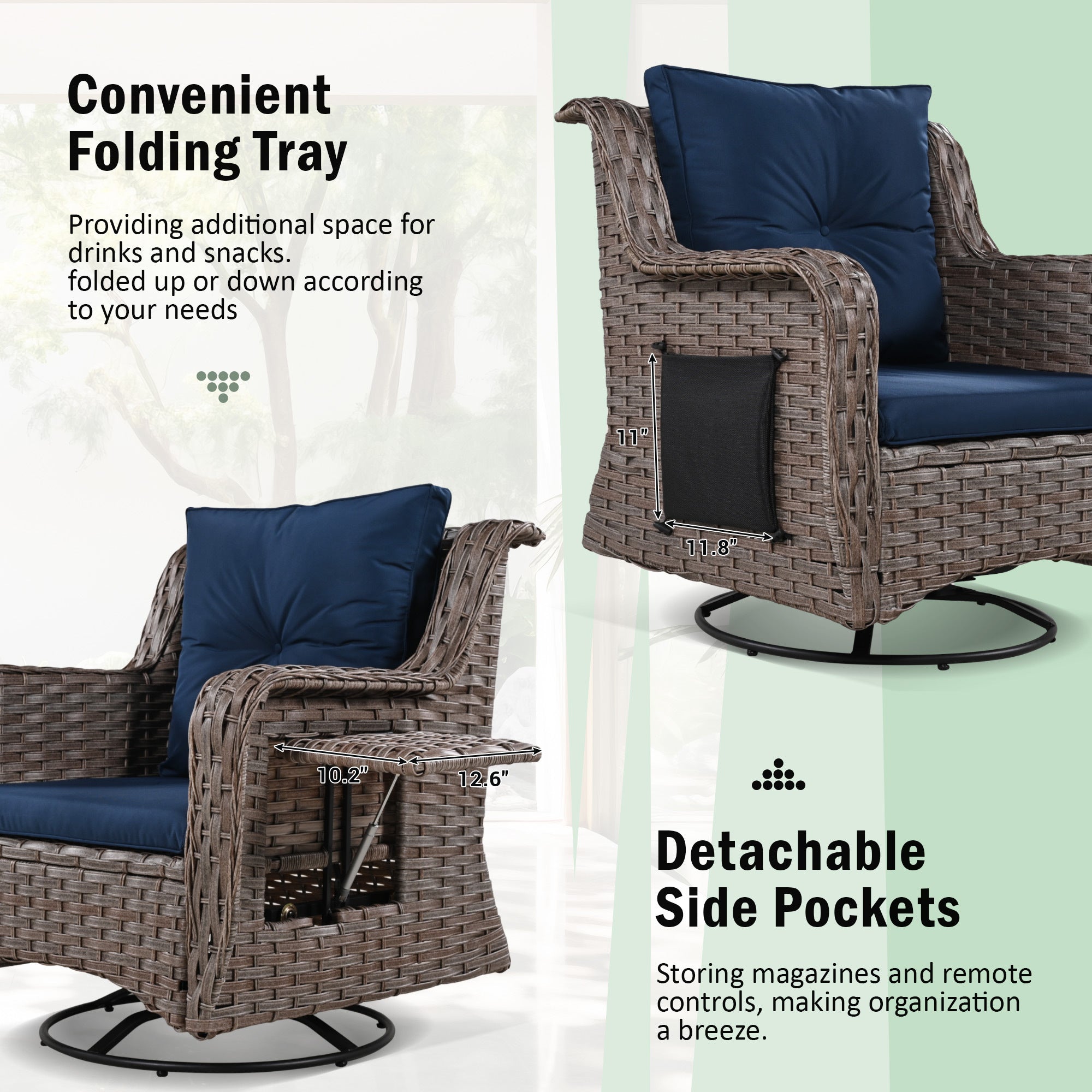 5 Pieces Outdoor Patio Furniture Set Retractable Side Tray, Rattan Wicker Patio Swivel Rocking Chairs Set of 2 with Ottomans - Navy Blue