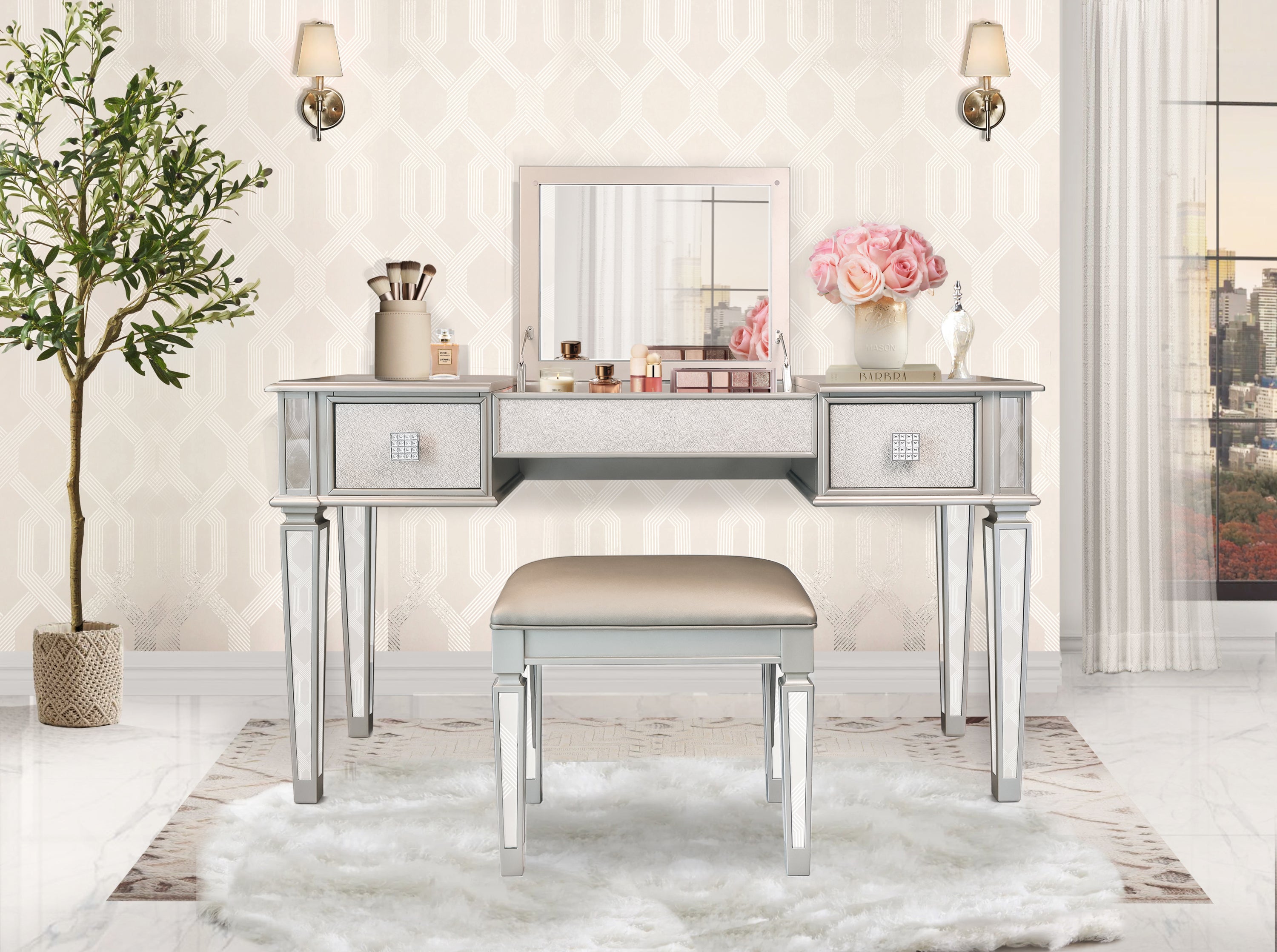 Mirrored Vanities Desk with Drawers, Bedroom Makeup Vanity Table Set with Mirror and Stool - Silver