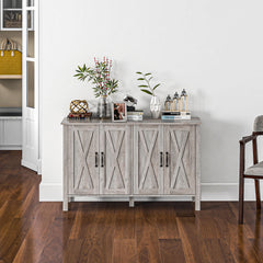 Buffet Cabinet, 47" Sideboard with 4 Barn Doors and 2 Adjustable Shelves, Farmhouse Coffee Bar Cabinet, Gray Wood Grain