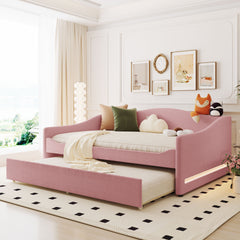 Teddy Fleece Full Size Upholstered Daybed with Light and Trundle - Pink