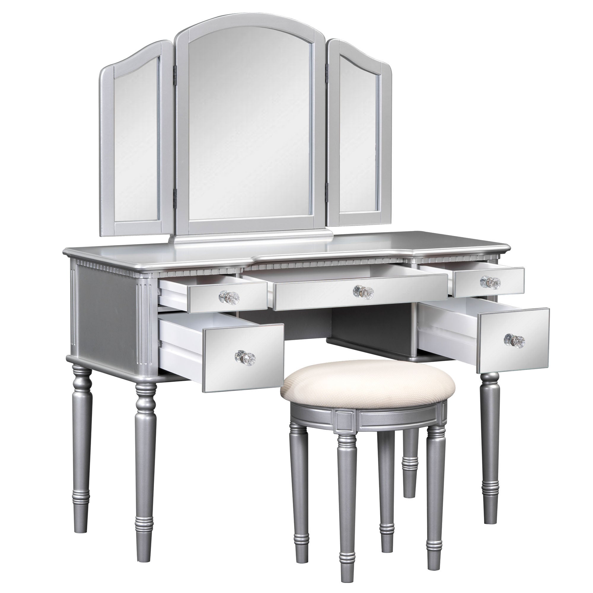 43" Makeup Vanity Set With Mirrored Drawers And Stool - Silver