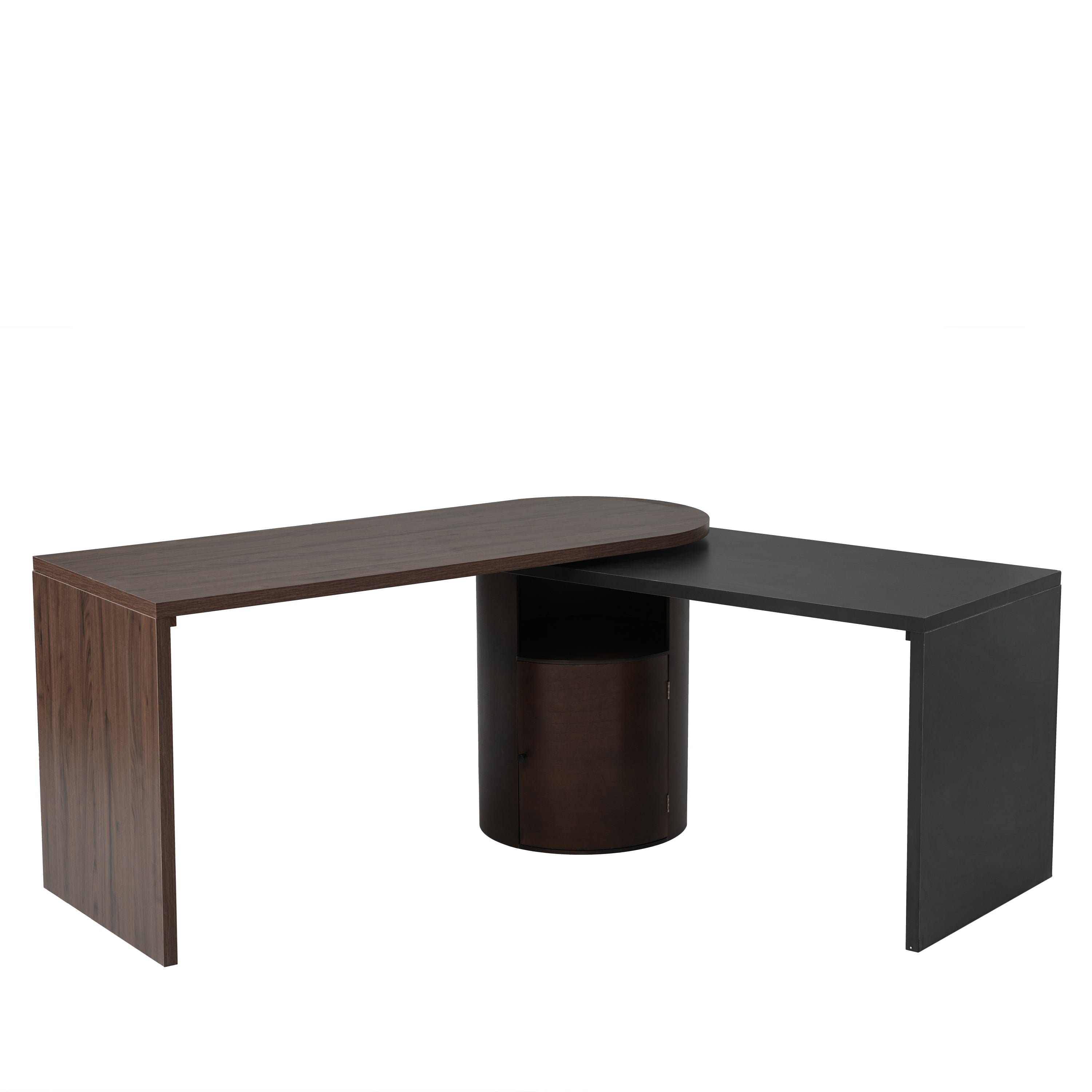 Modern L Shaped Desk in Walnut with 1 Cabinet and Open storage, 360° Wood Rotating Desk 56.92"  - Walnut