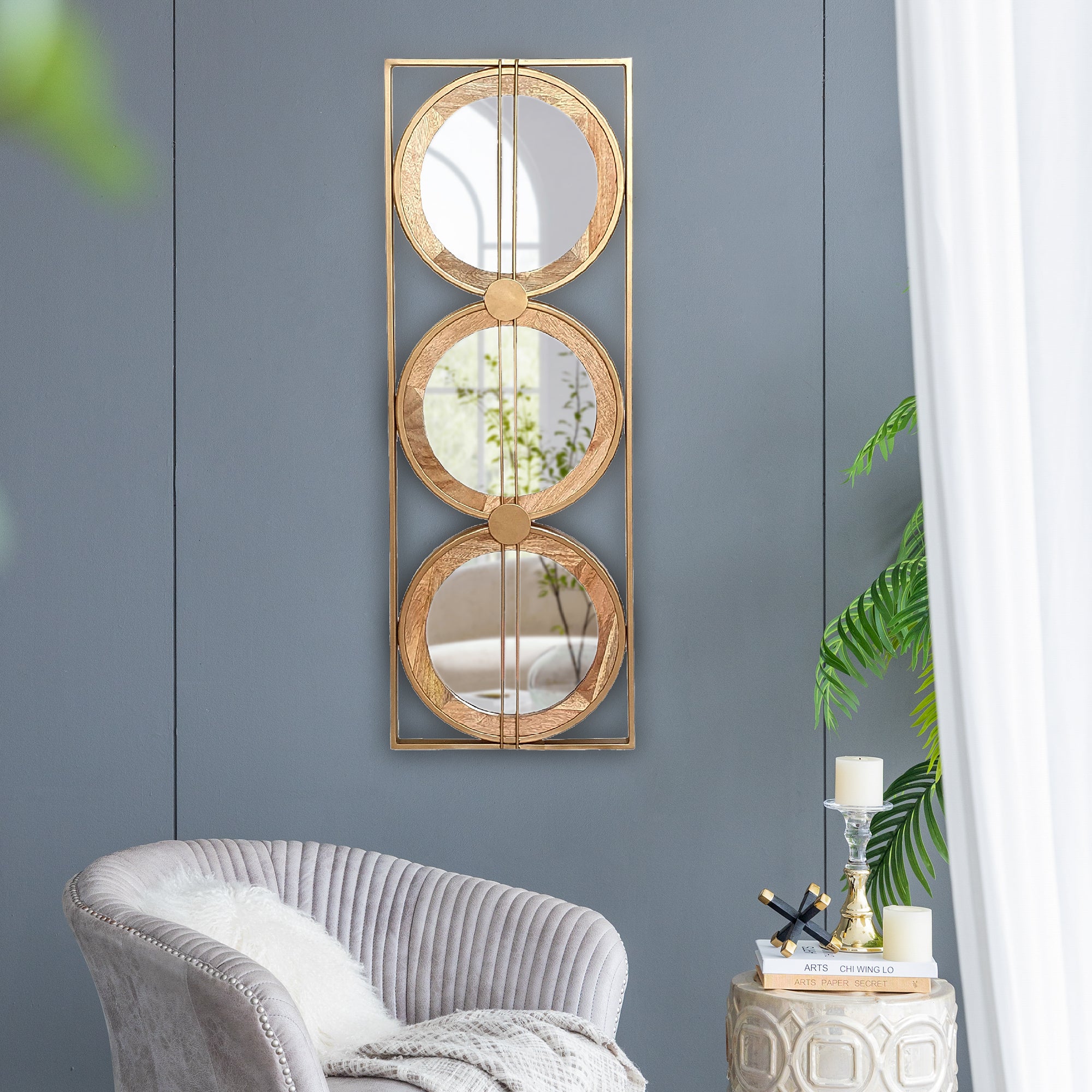 3 Mirror Piece Wall Mirror in Gold Rectangular Frame 40"x14" - Wood+Glass