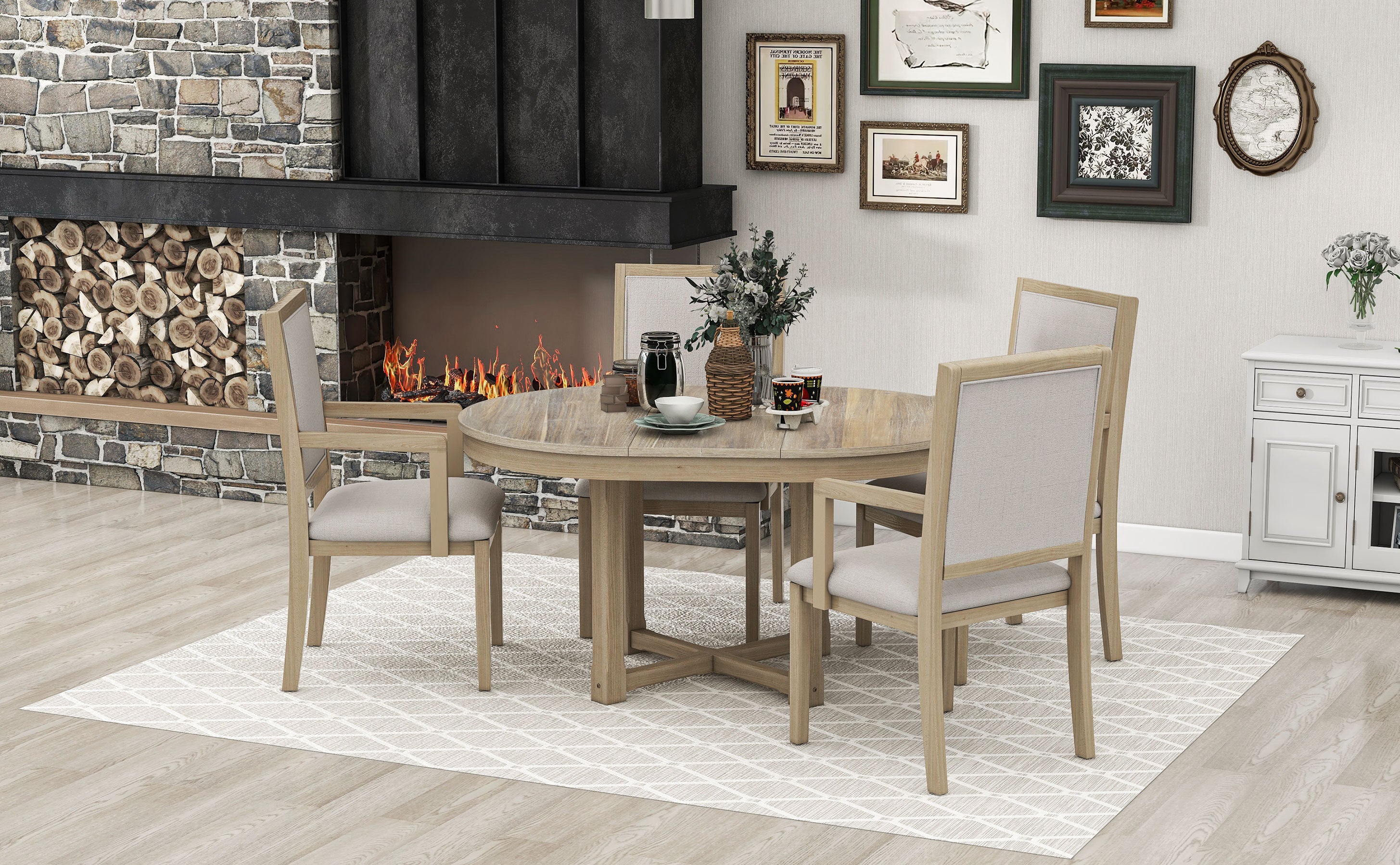 5-Piece Dining Table Set, Two-Size Round To Oval Extendable Butterfly Leaf Wood Dining Table and 4  Dining Chairs with Armrests - Natural Wood Wash