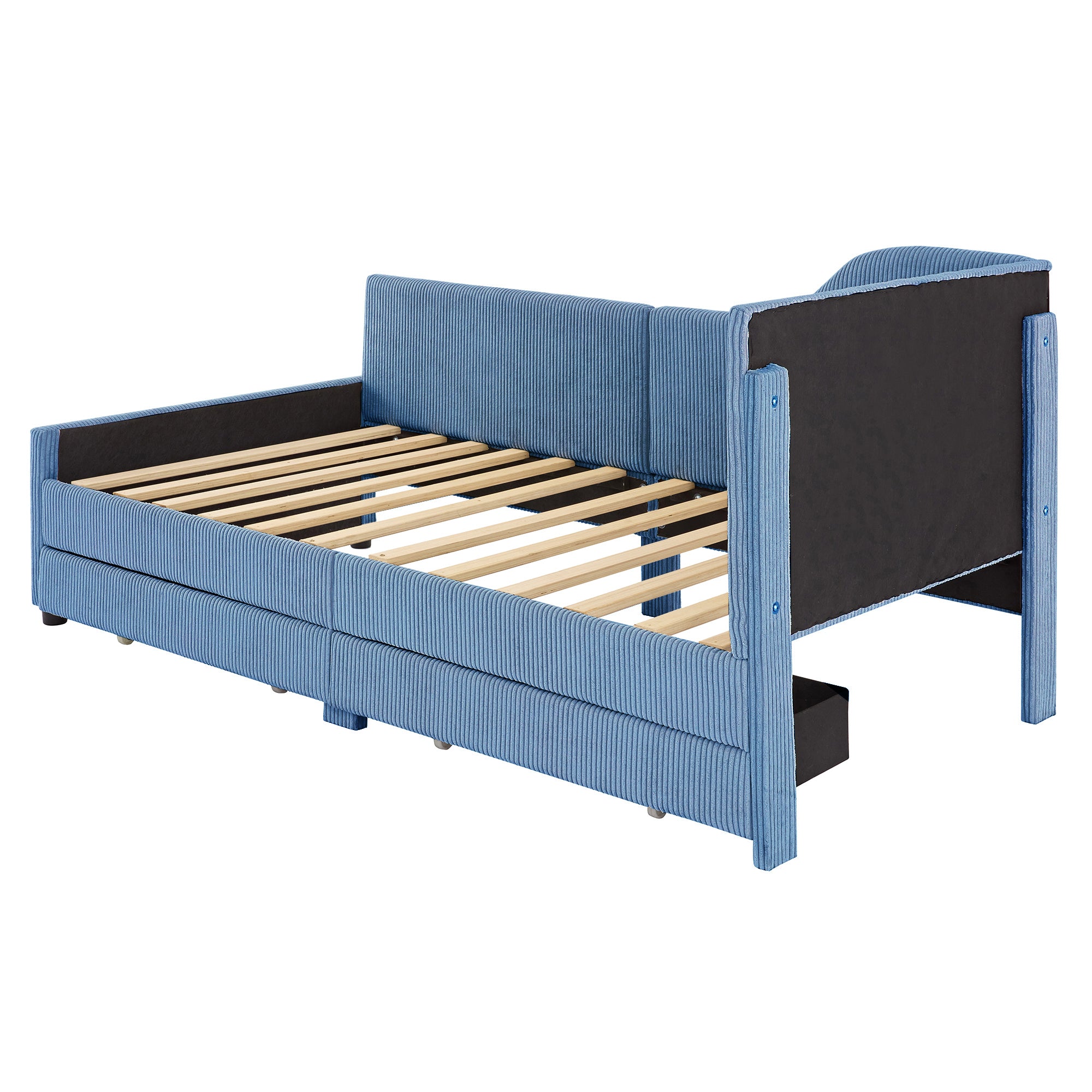 Twin Size L-Shaped Corduroy Daybed,Upholstered Bed Frame with  2 Storage Drawers,Blue