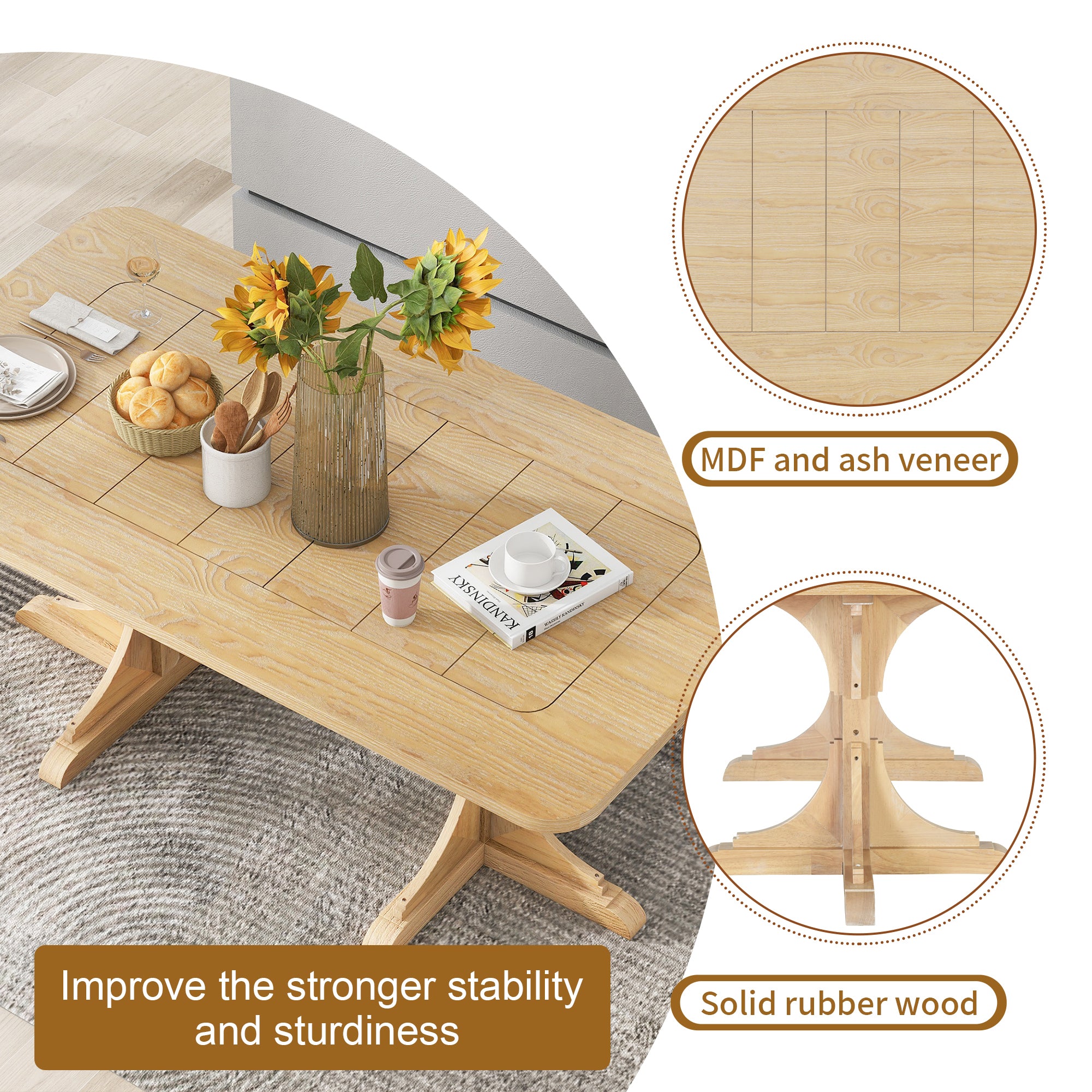 Retro Style Table 71'' Wooden Rectangular Table with Curved Design Legs - Natural Wood Wash