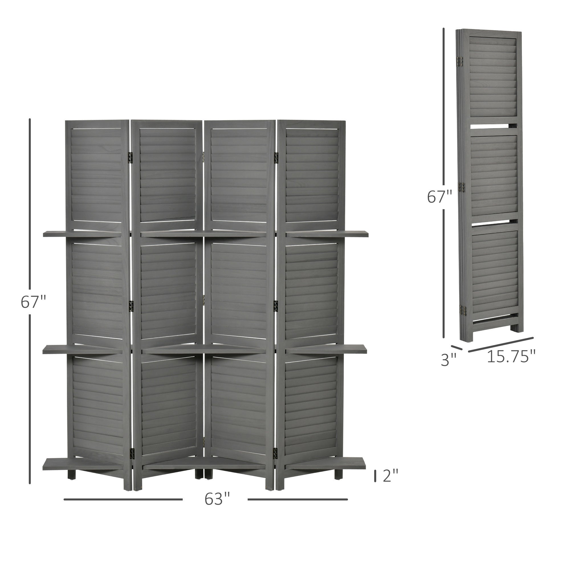 4-Panel Folding Room Divider, 5.6 Ft Freestanding Paulownia Wood Privacy Screen Panel with Storage Shelves - Gray