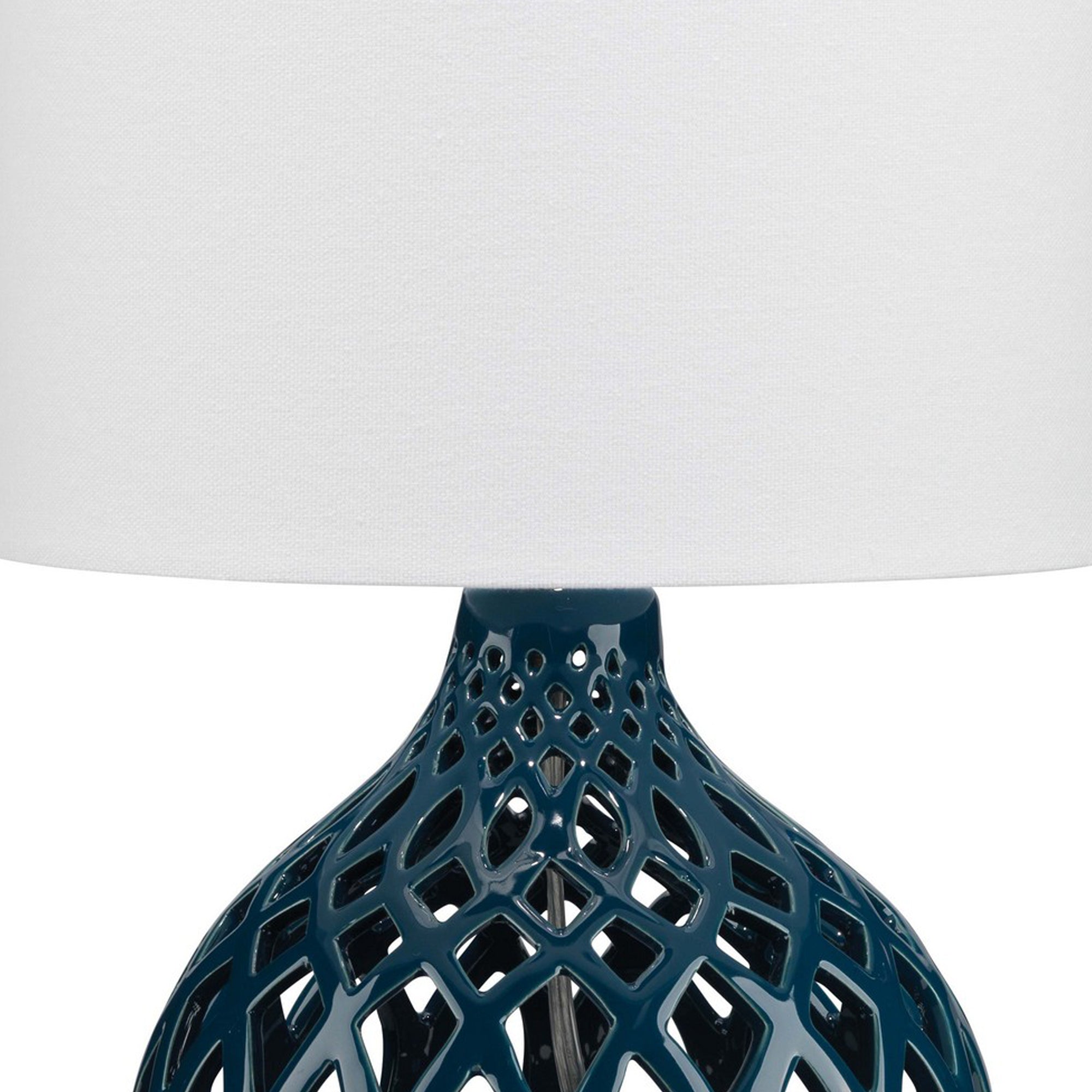 Table Lamp with Ceramic Bellied Body and Fretwork Pattern - Blue