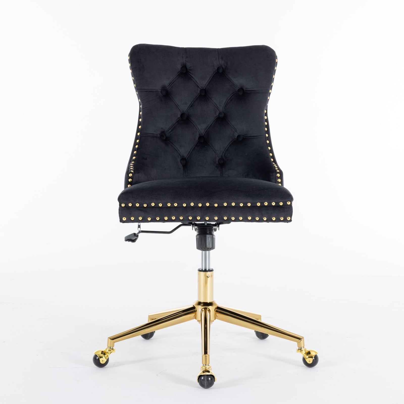 Velvet Upholstered Tufted Button Home Office Chair with Golden Metal Base, Adjustable Desk Chair Swivel Office Chair - Black