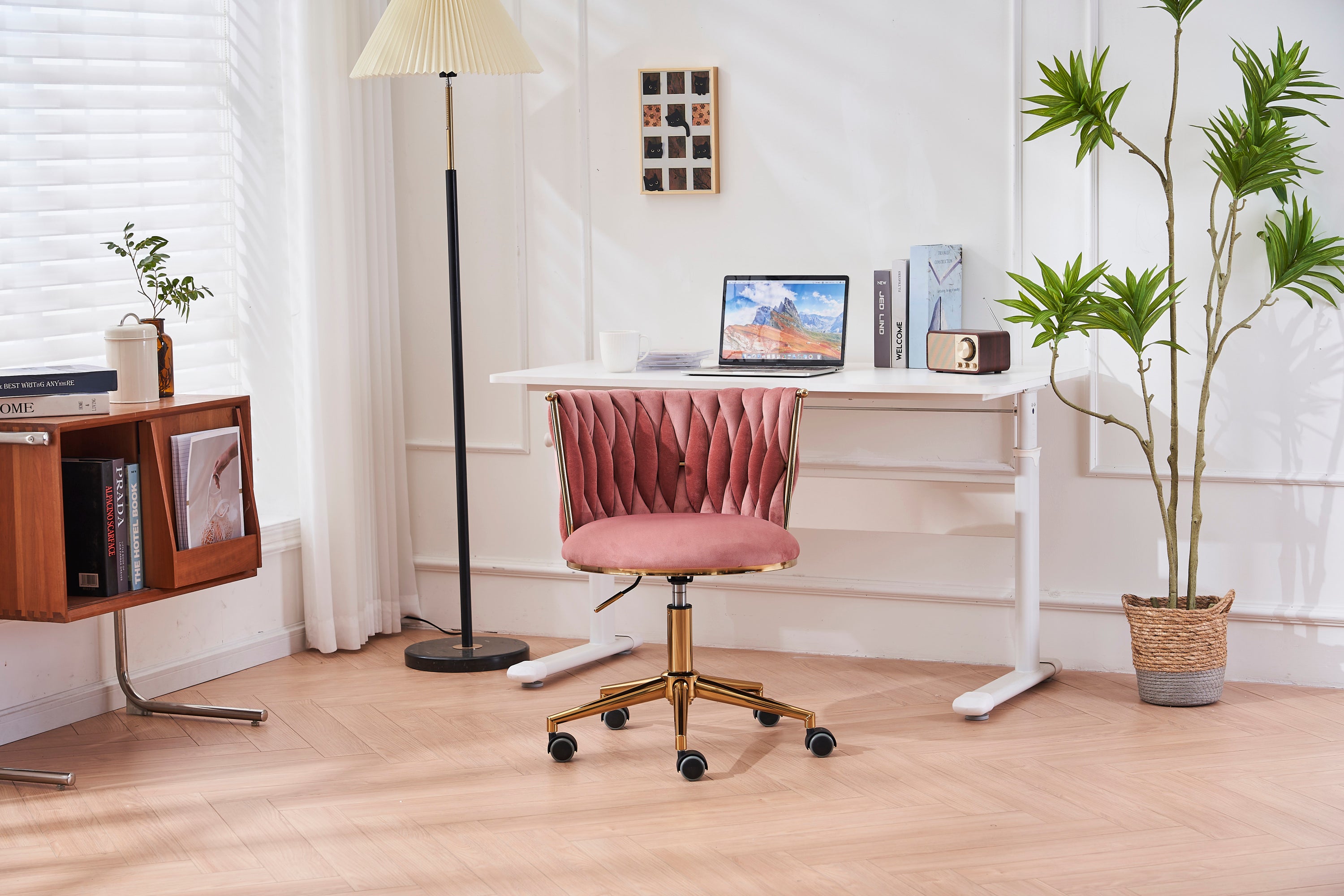 Upholstered Home Office Desk Chairs with Adjustable Swivel Wheels - Pink