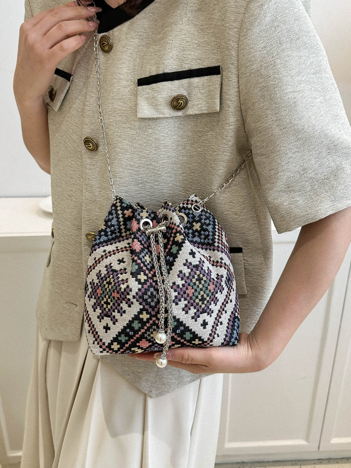 Boho Vintage Floral Bucket Bag with Silver Chain Strap, Pearl Detail, Geometric Pattern