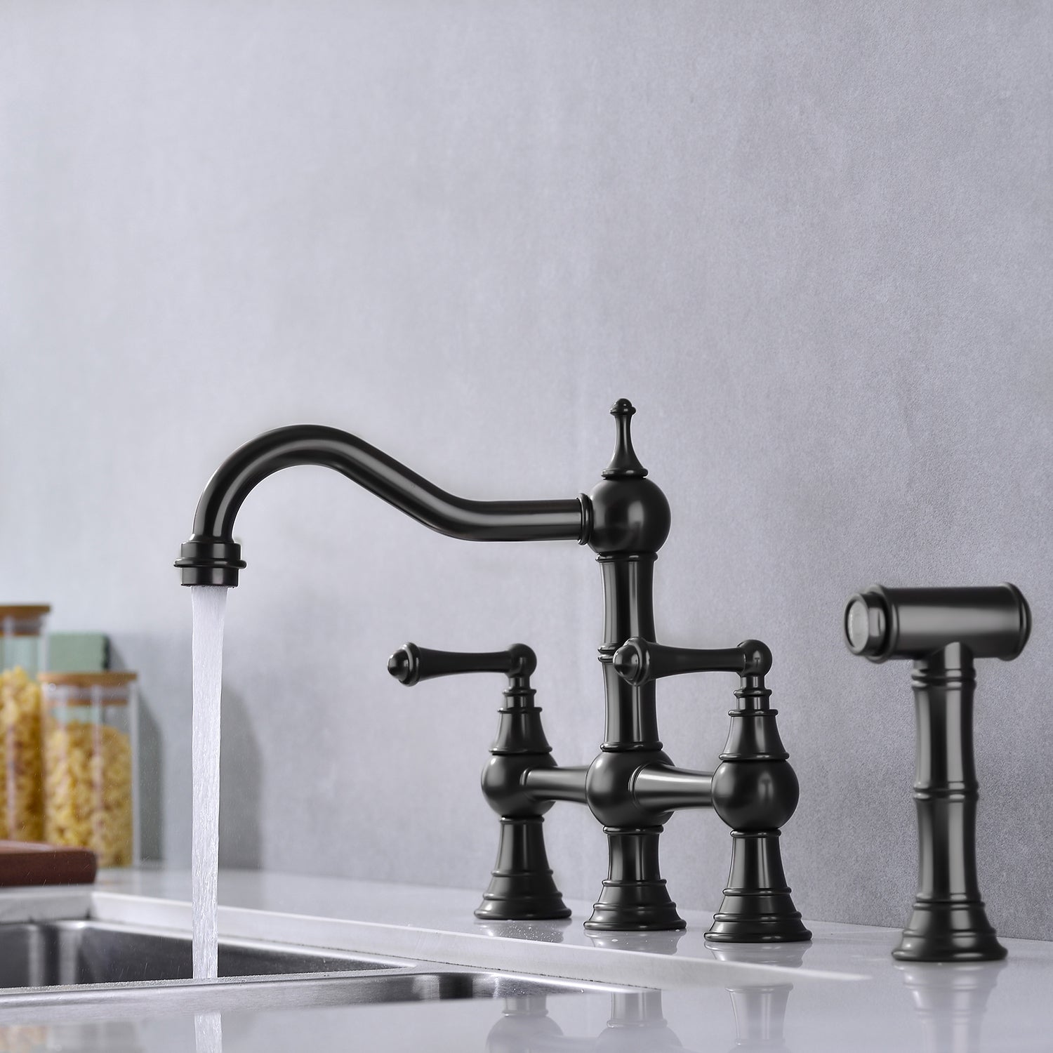 Bridge Dual Handles Kitchen Faucet With Pull-Out Side Spray in