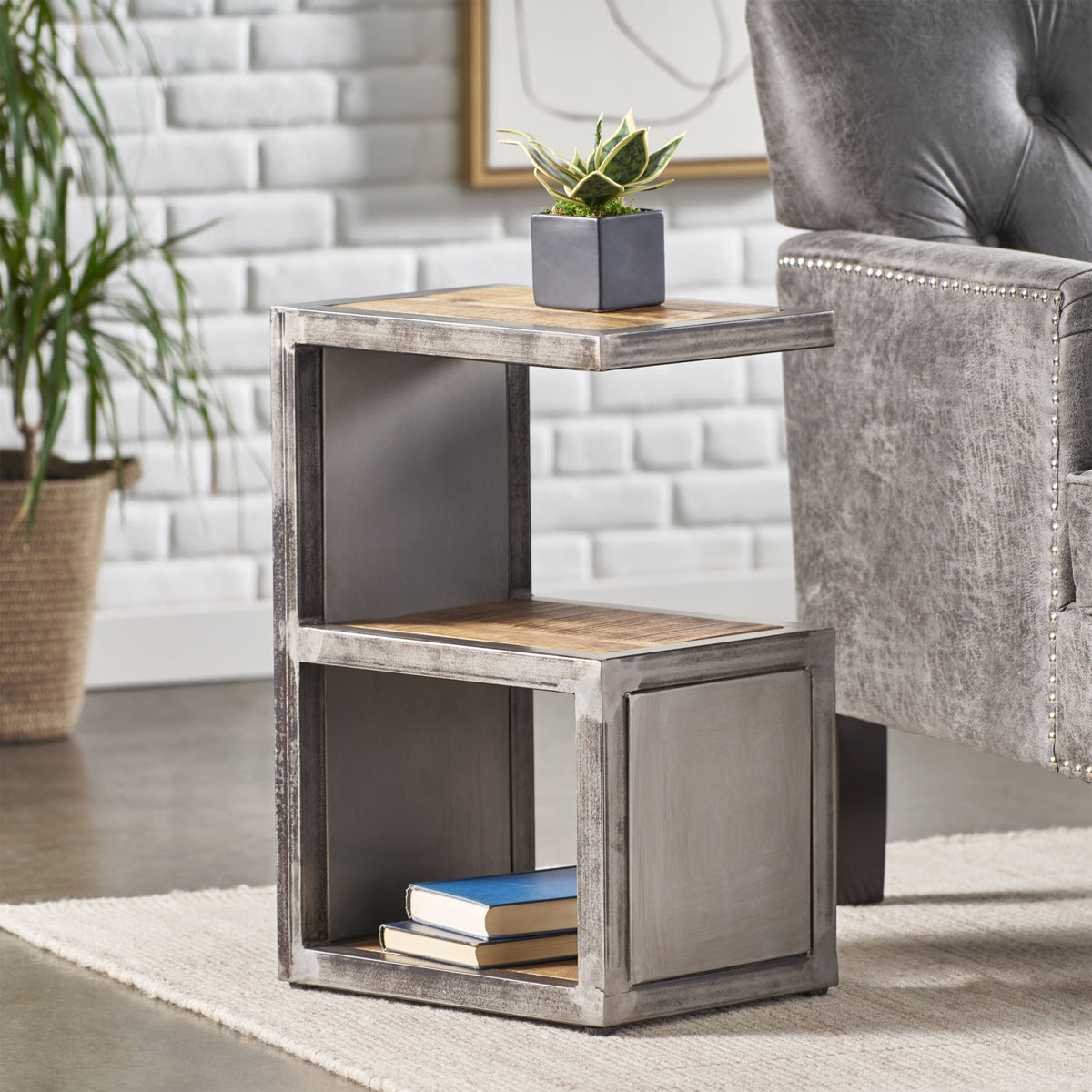 Modern Industrial Side Table - Natural Wood