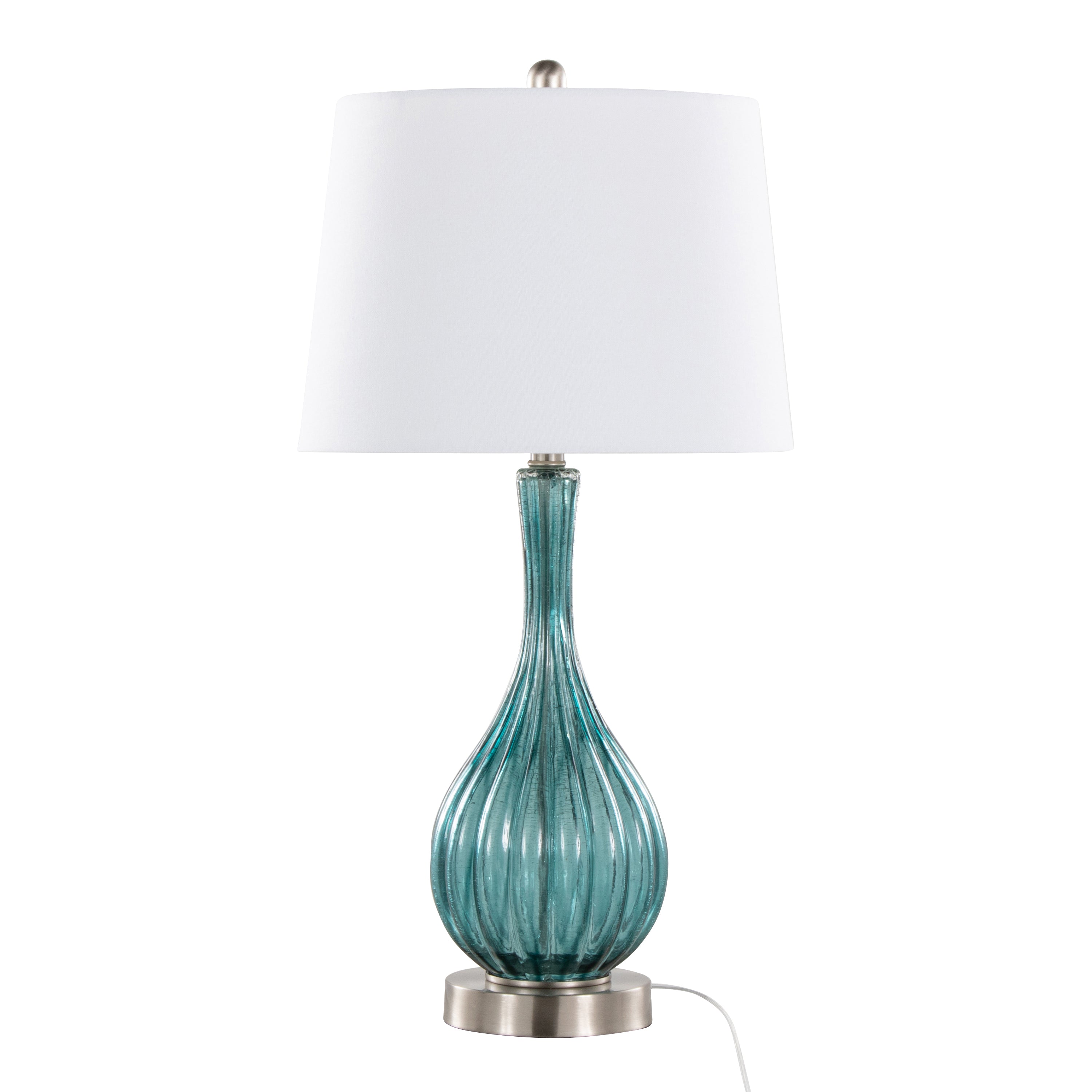 27" Contemporary Table Lamp in Clear Sapphire Blue Crackle Glass, Brushed Nickel and White Linen Shade - Set of 2