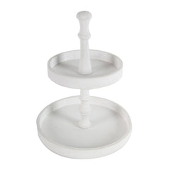 Two-Tiered Round Wooden Tray D11.8x15.4" - White