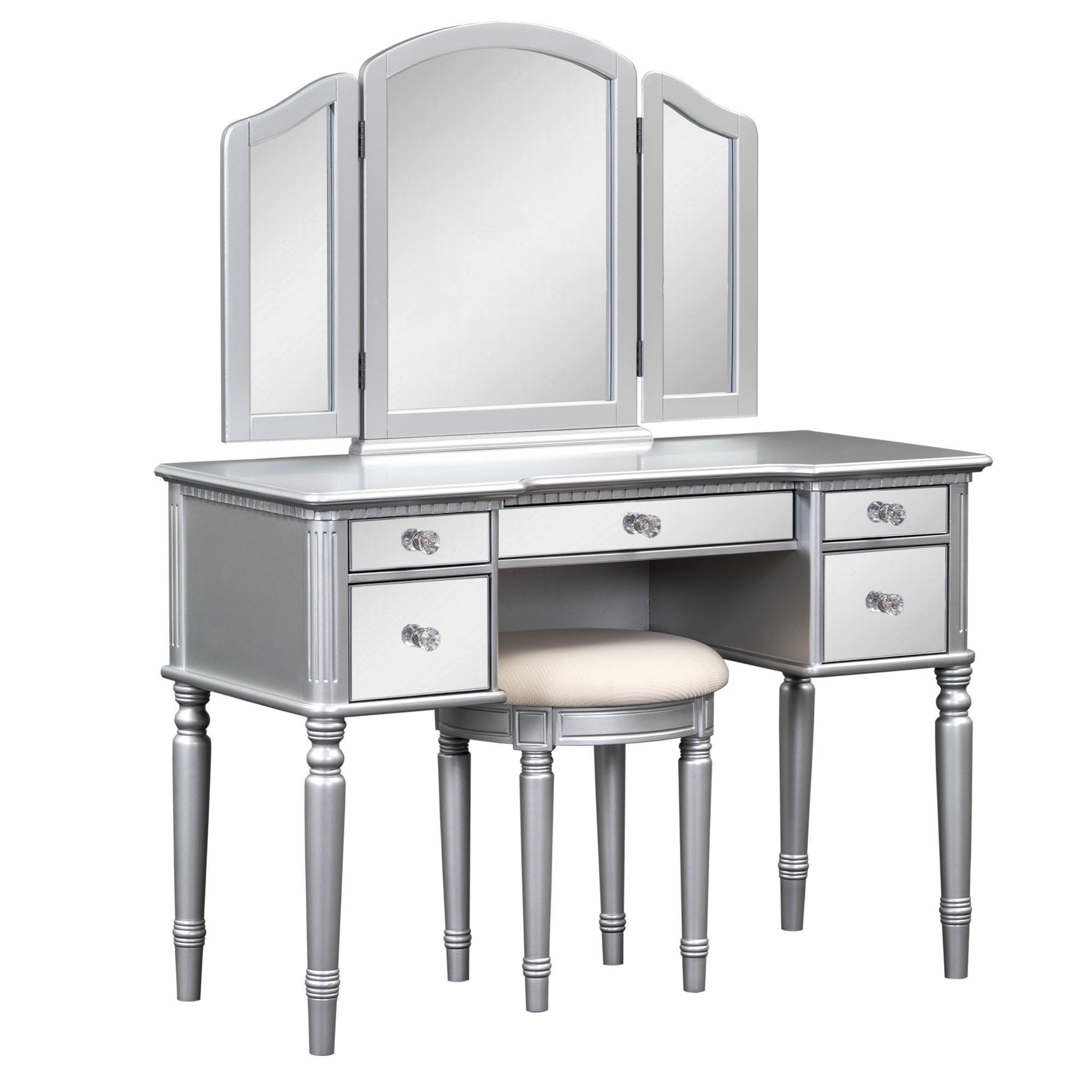 43" Makeup Vanity Set With Mirrored Drawers And Stool - Silver