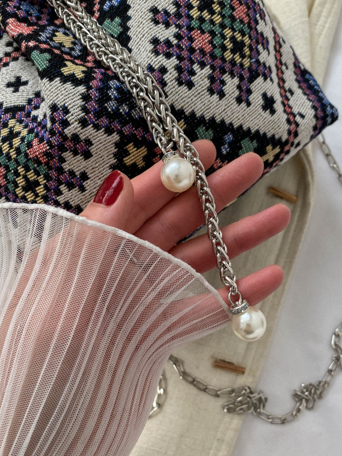 Boho Vintage Floral Bucket Bag with Silver Chain Strap, Pearl Detail, Geometric Pattern