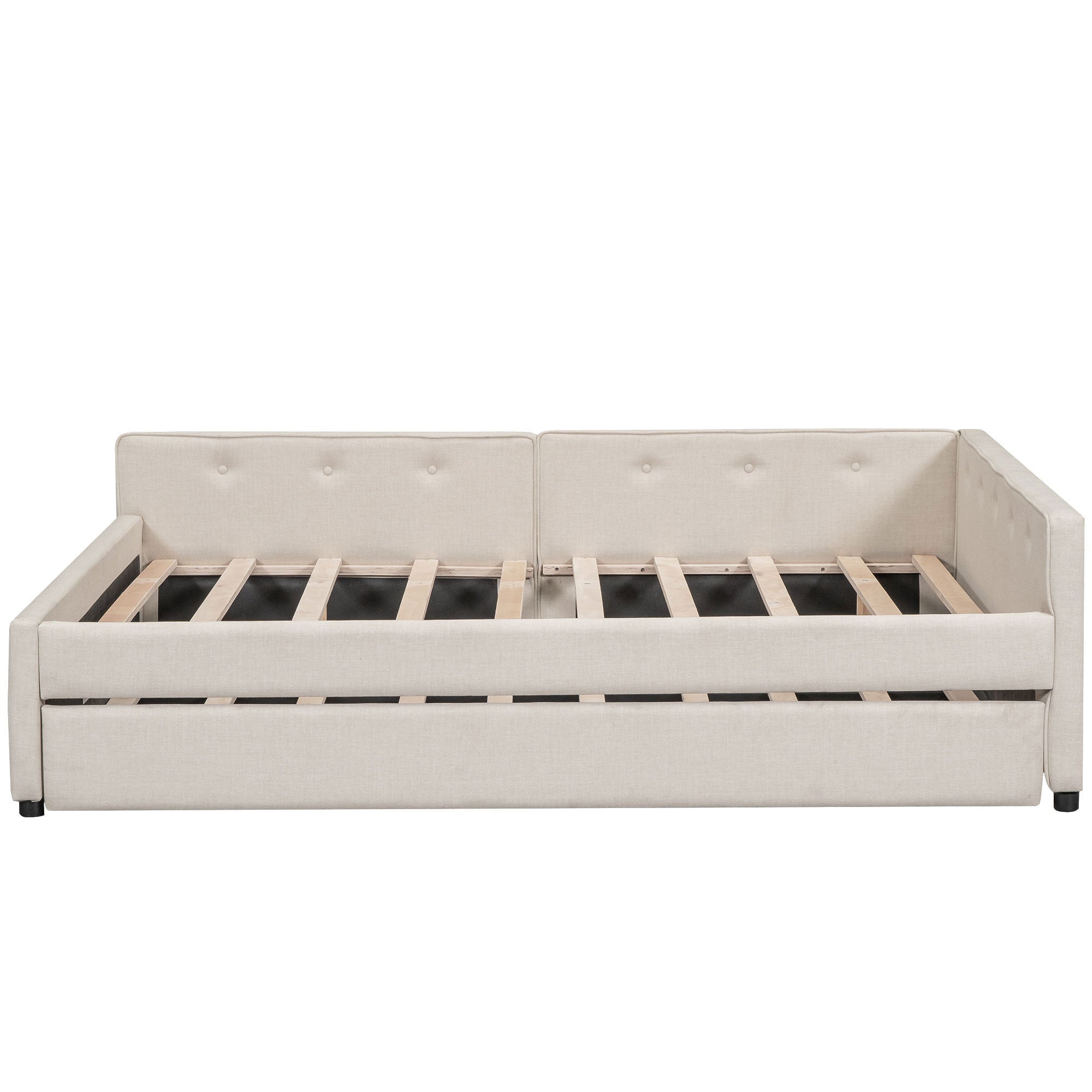 Full Size Upholstered Platform Bed with USB and Twin Size Trundle - Beige