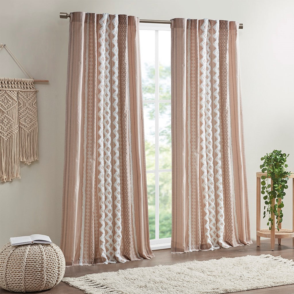 Cotton Printed Curtain Panel with Chenille Stripe and Lining - Blush Beige