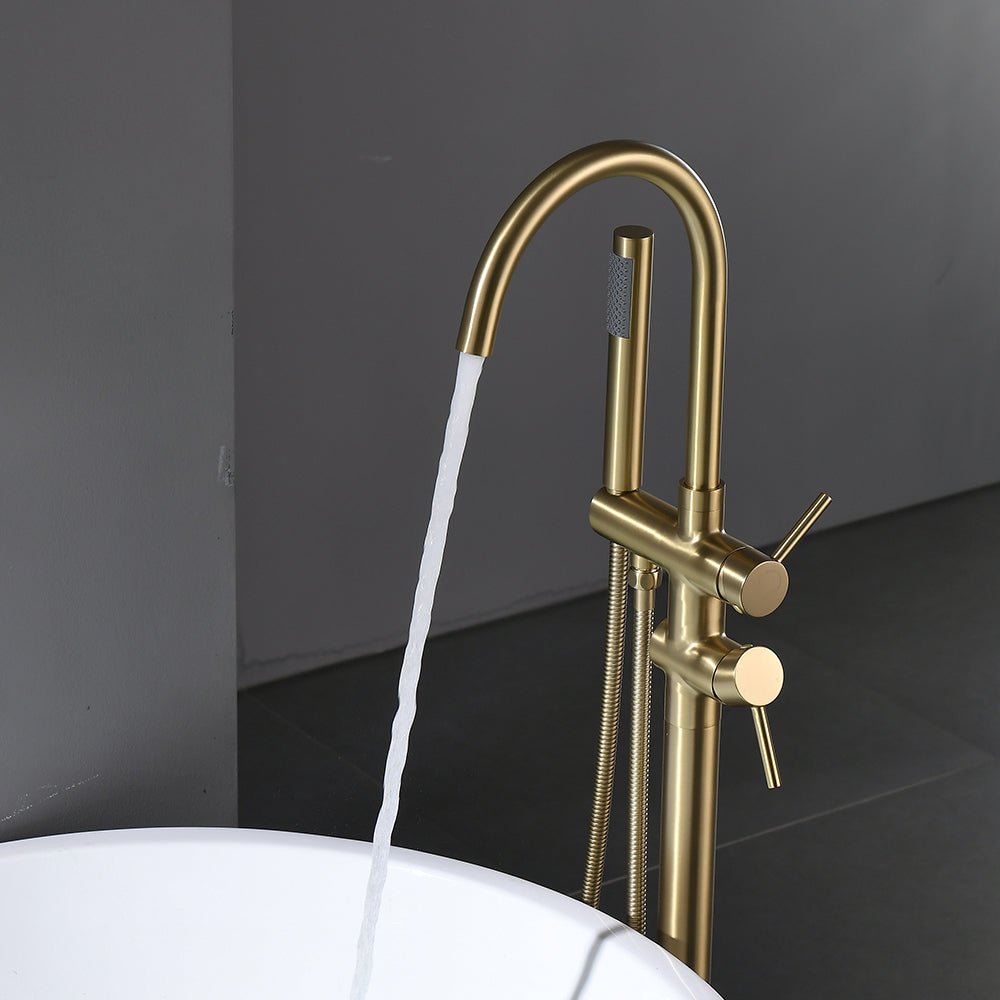 Single Handle Freestanding Tub Filler Floor Mount Bathtub Faucet with Handheld Shower - Brushed Gold