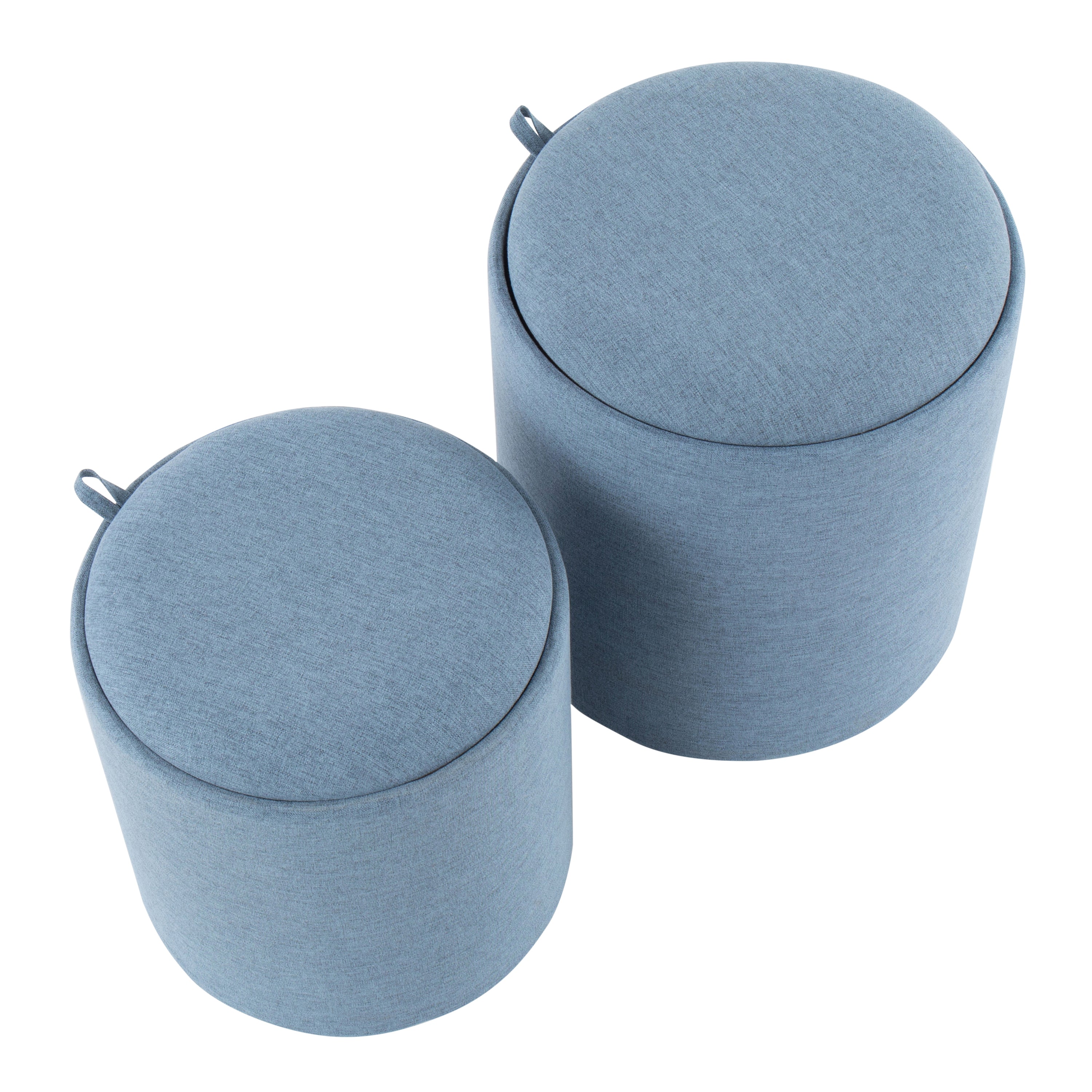 Tray Contemporary Nesting Ottoman Set in Blue Fabric and Natural Wood