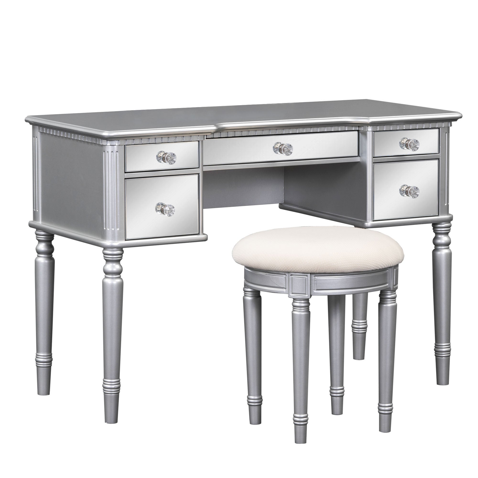 43" Makeup Vanity Set With Mirrored Drawers And Stool - Silver