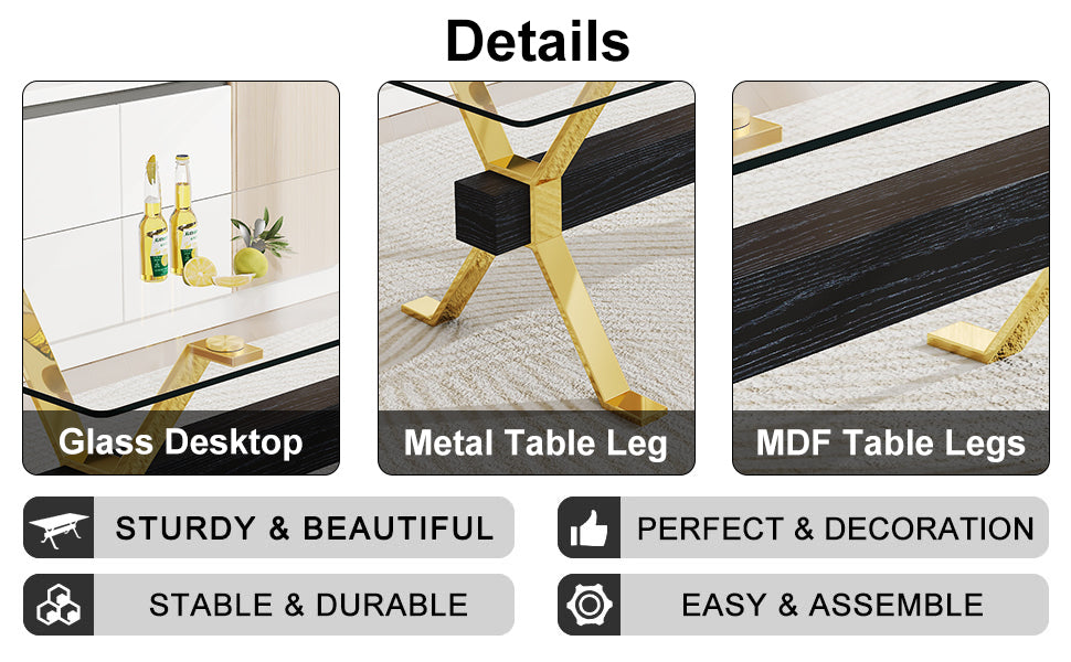 Modern And Luxurious Tempered Glass Rectangular Dining Table With 8 Black PU Gold Plated Leg Chairs