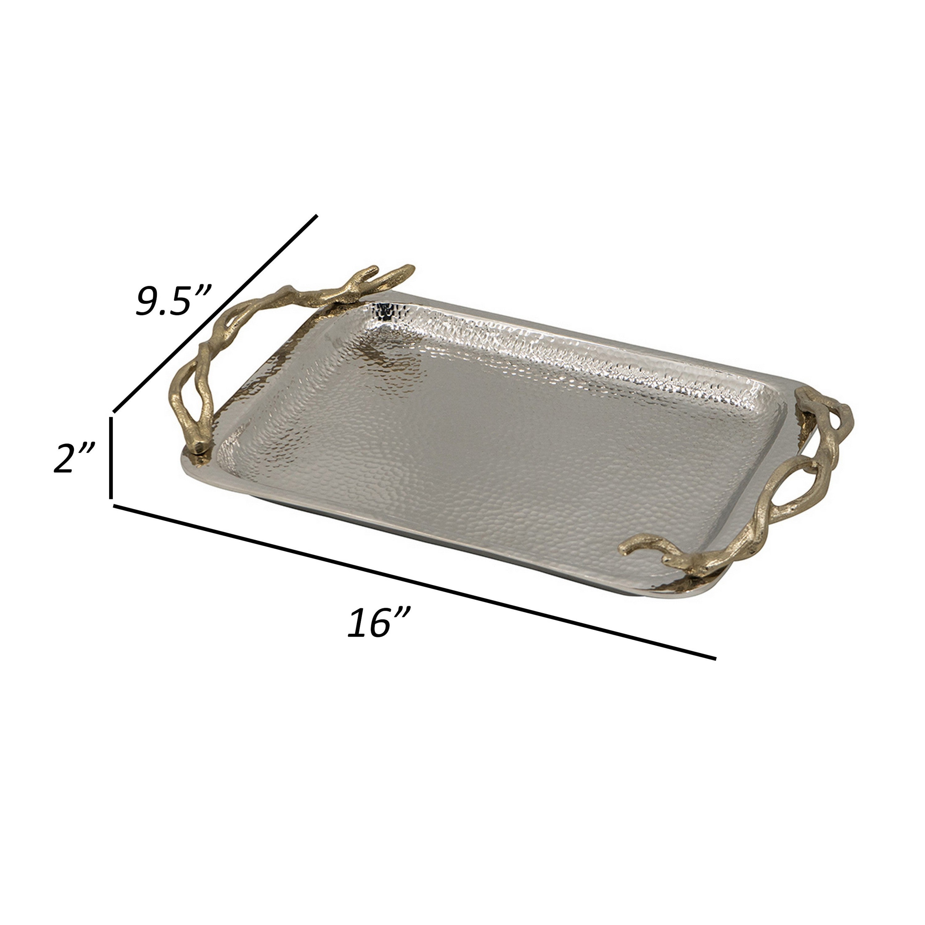 16 Inch Rectangular Decorative Tray, Branch Design Handles, Silver, Gold